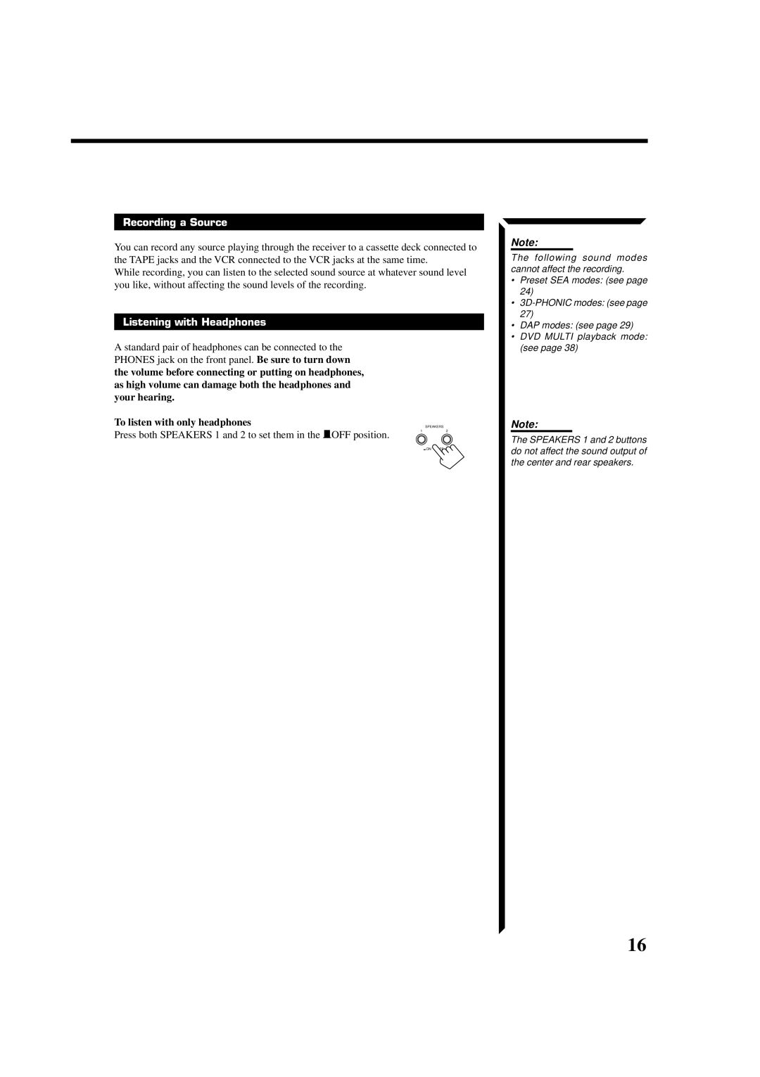 JVC RX-664VBK manual Recording a Source, Listening with Headphones, To listen with only headphones 