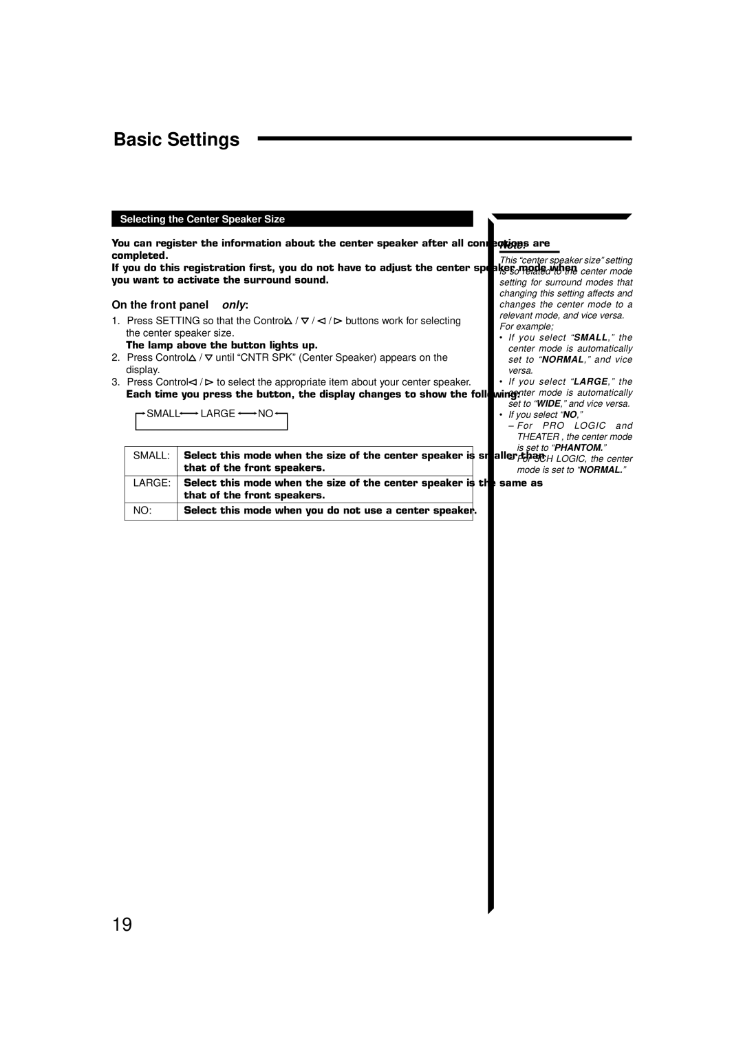 JVC RX-664VBK manual Basic Settings, Selecting the Center Speaker Size, Small, Large 