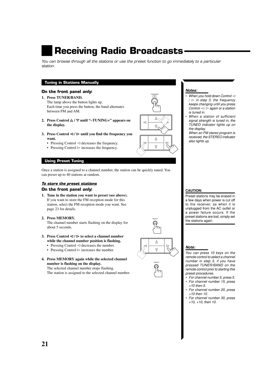 JVC RX-664VBK Receiving Radio Broadcasts, Tuning in Stations Manually, Using Preset Tuning, To store the preset stations 