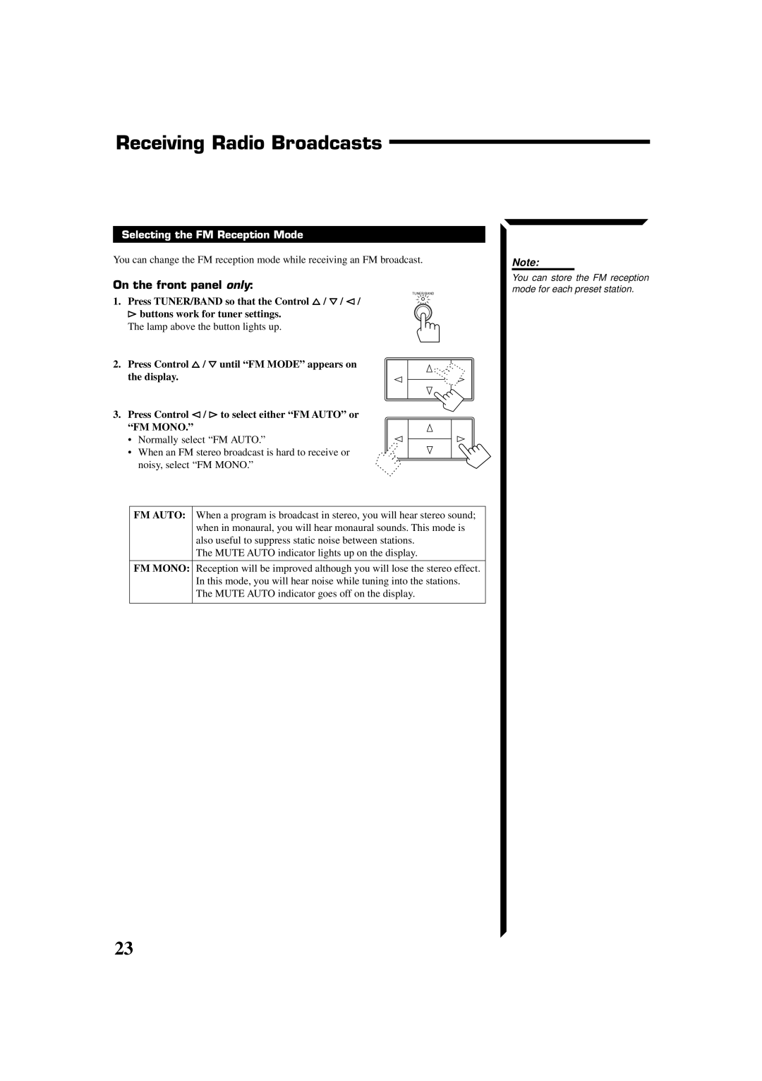 JVC RX-664VBK manual Receiving Radio Broadcasts, Selecting the FM Reception Mode 