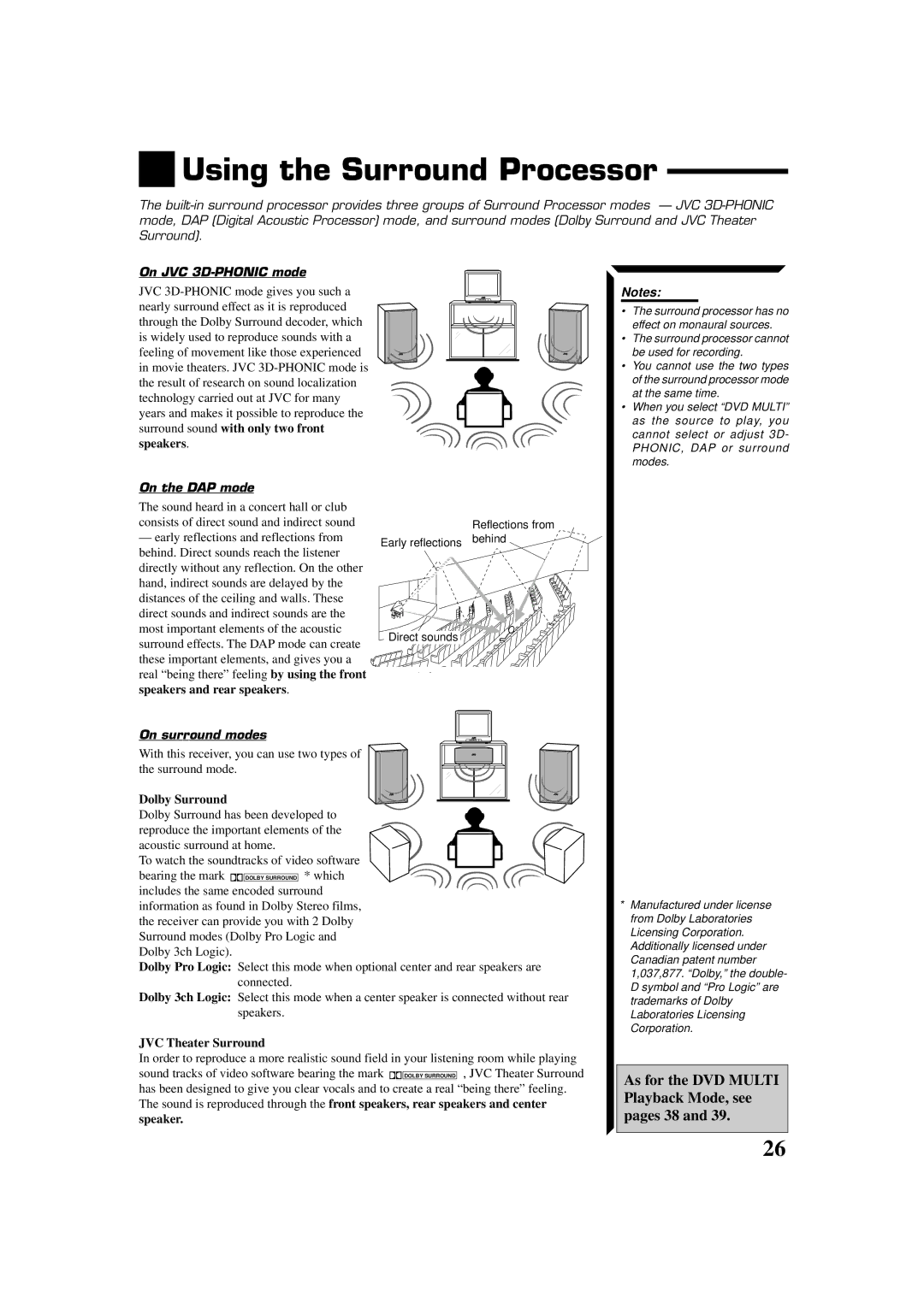 JVC RX-664VBK manual Using the Surround Processor, On JVC 3D-PHONIC mode, On the DAP mode, On surround modes 