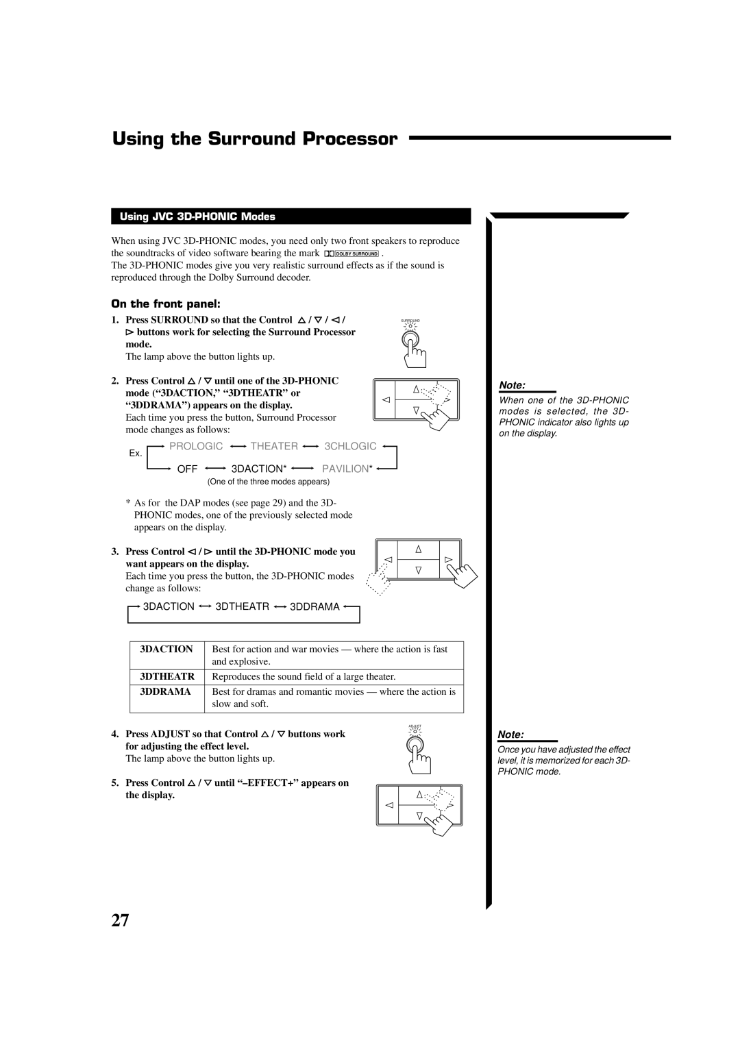 JVC RX-664VBK manual Using the Surround Processor, Using JVC 3D-PHONIC Modes, 3DACTION, 3DTHEATR, 3DDRAMA 