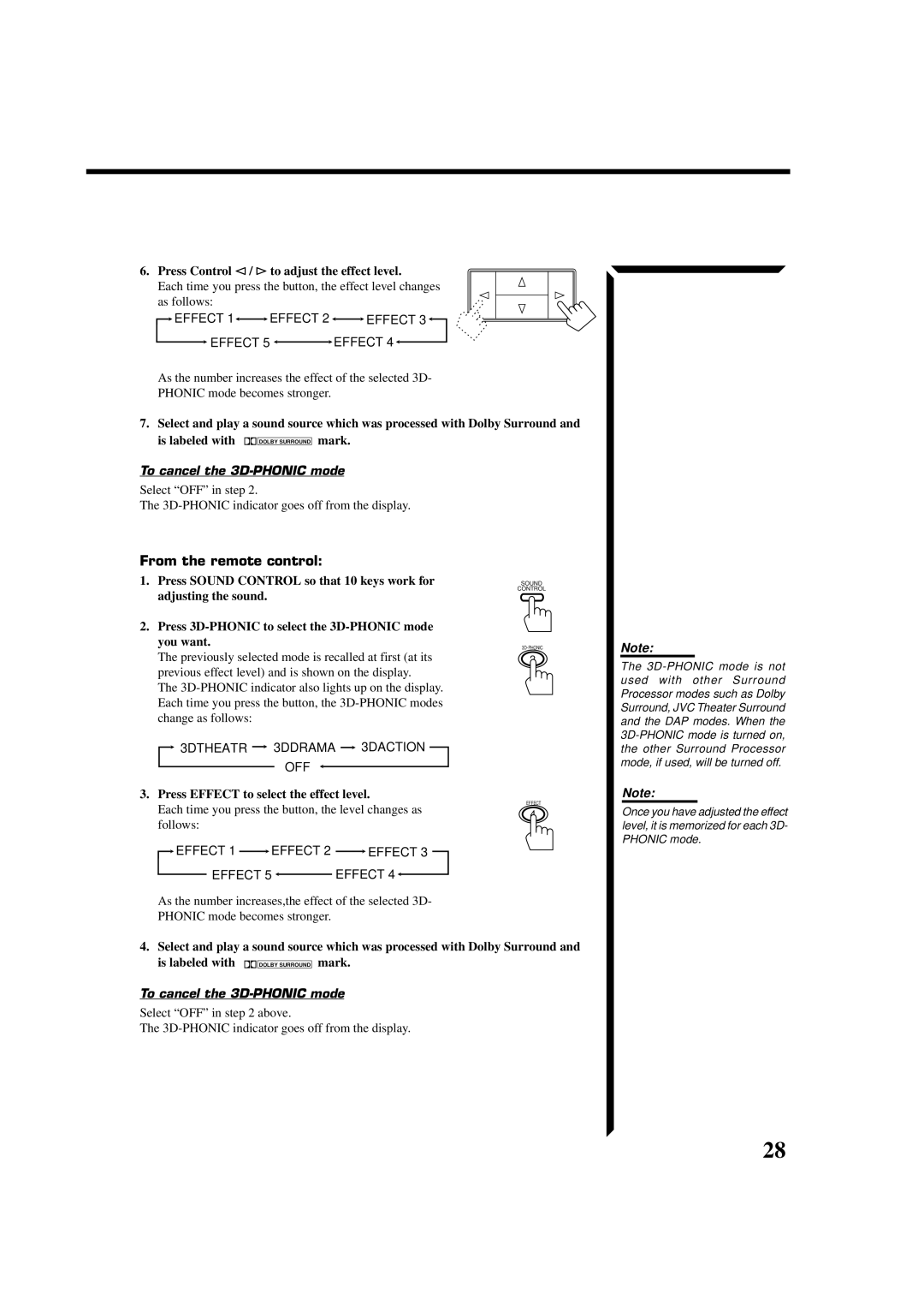 JVC RX-664VBK manual Press Control @ / #to adjust the effect level, To cancel the 3D-PHONIC mode, Follows 