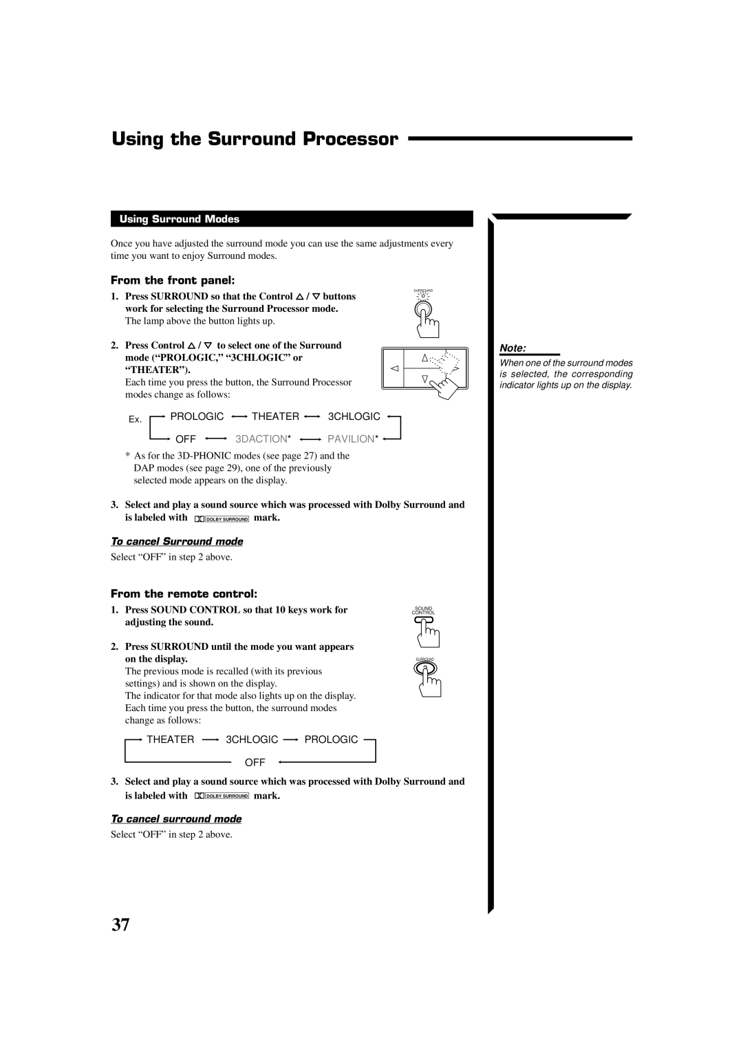 JVC RX-664VBK manual From the front panel, Using Surround Modes, To cancel Surround mode 