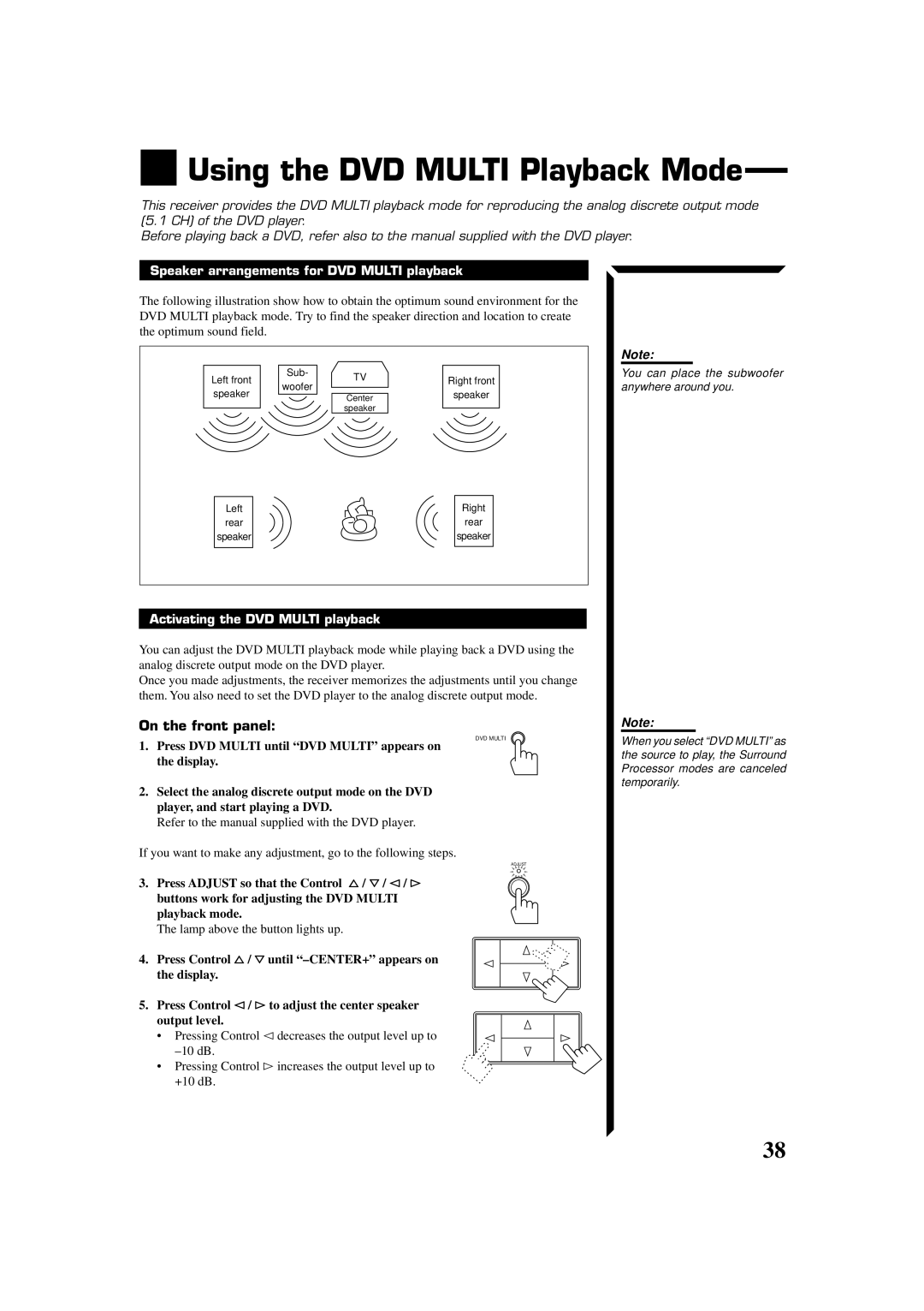 JVC RX-664VBK manual Using the DVD Multi Playback Mode, Speaker arrangements for DVD Multi playback 