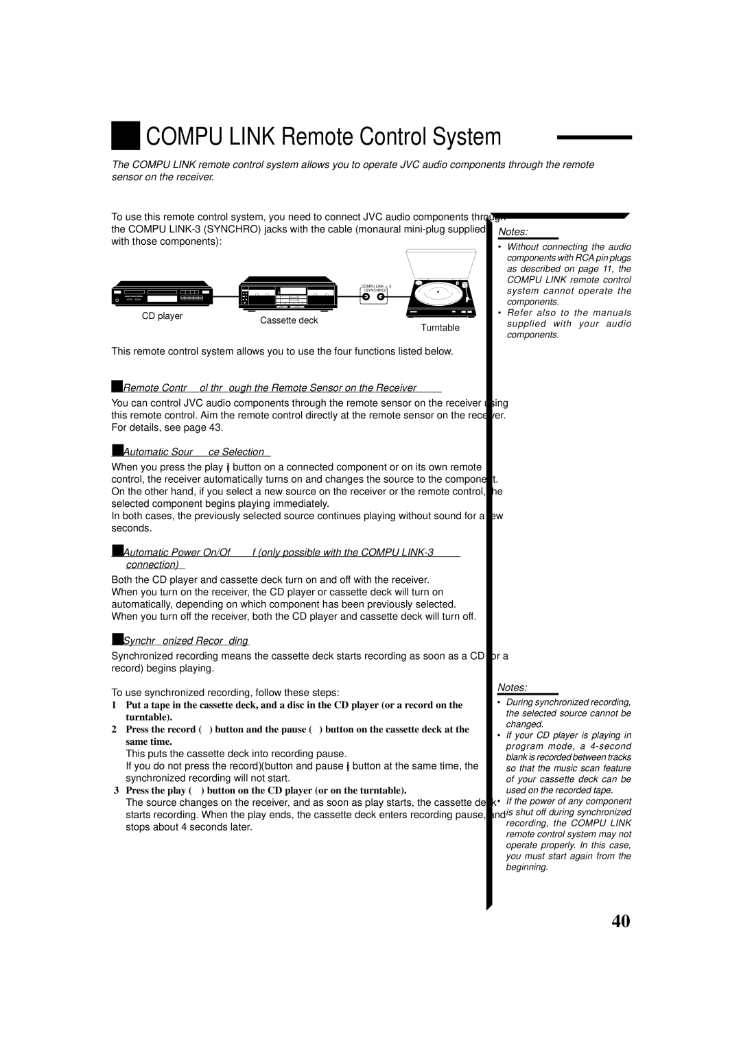 JVC RX-664VBK manual Compu Link Remote Control System, Remote Control through the Remote Sensor on the Receiver 