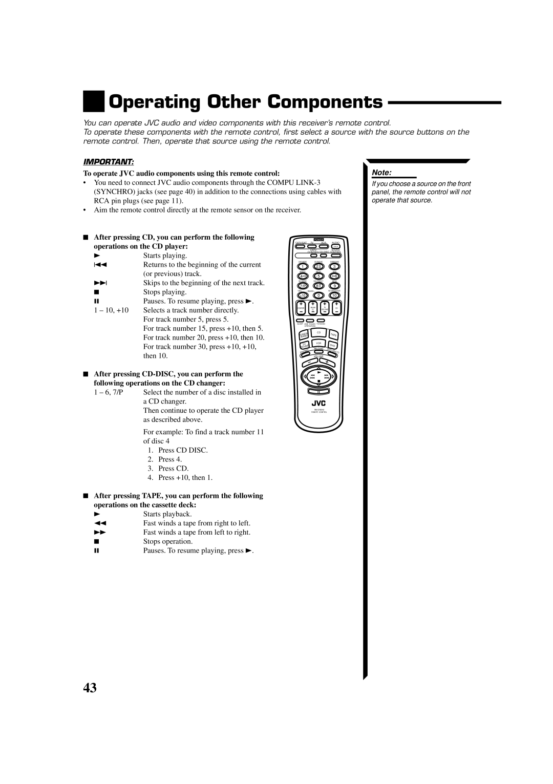 JVC RX-664VBK manual Operating Other Components, To operate JVC audio components using this remote control, Starts playing 