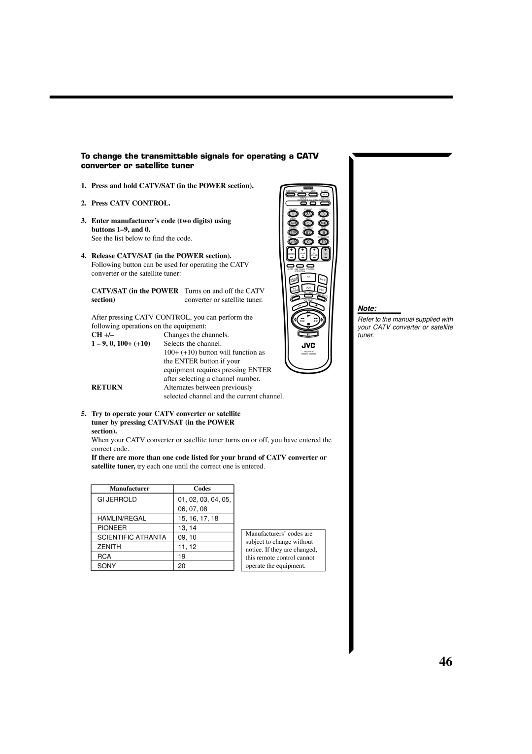 JVC RX-664VBK manual Section Converter or satellite tuner, Selects the channel, Equipment requires pressing Enter 