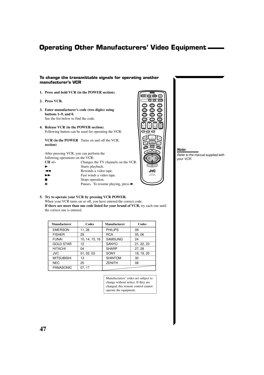 JVC RX-664VBK manual Operating Other Manufacturers’ Video Equipment, Release VCR in the Power section 