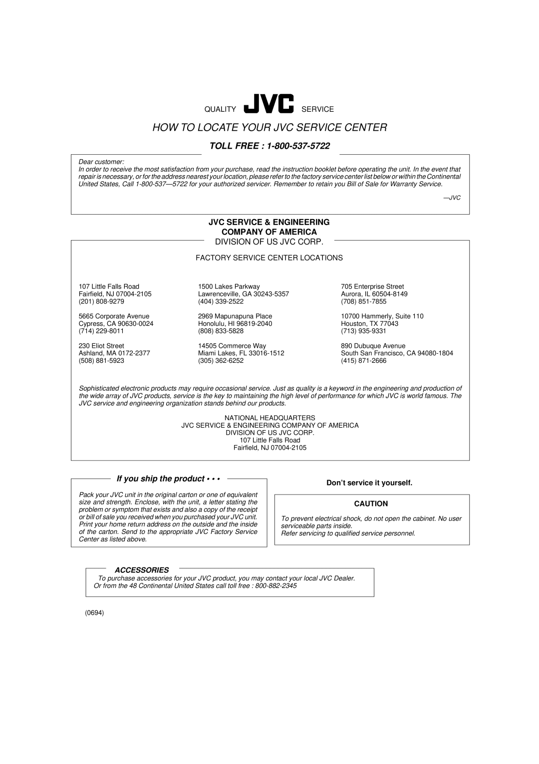 JVC RX-664VBK manual HOW to Locate Your JVC Service Center 