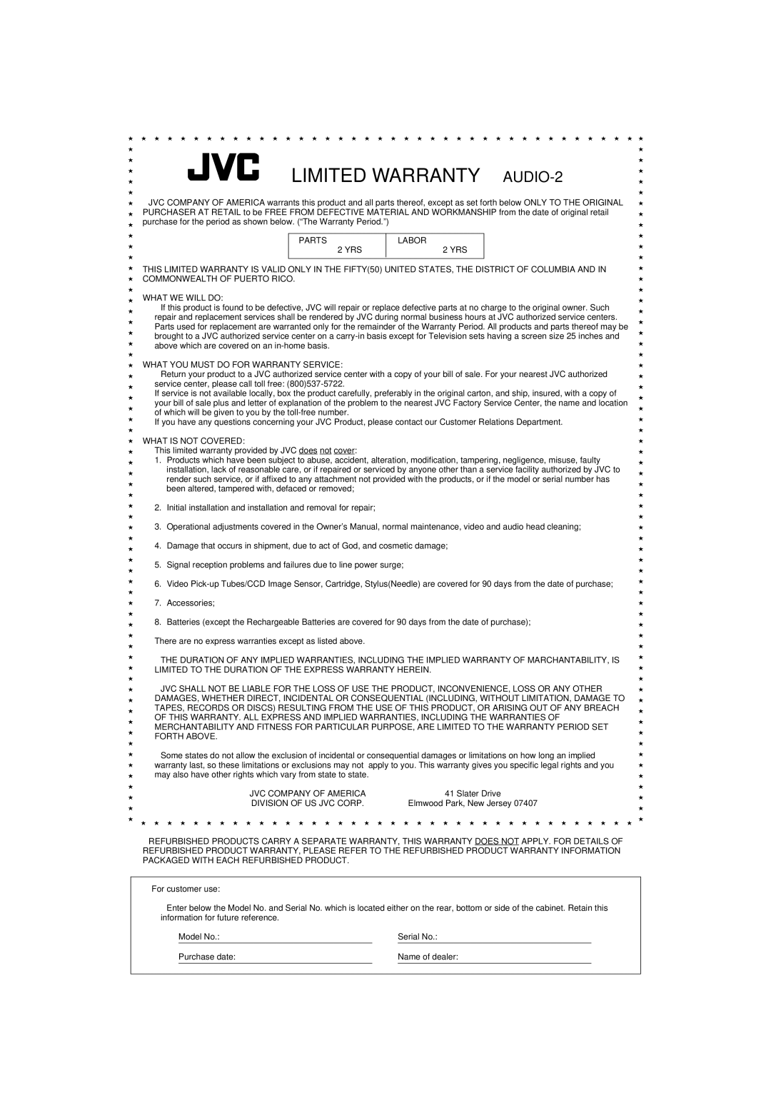 JVC RX-664VBK manual Limited Warranty AUDIO-2 