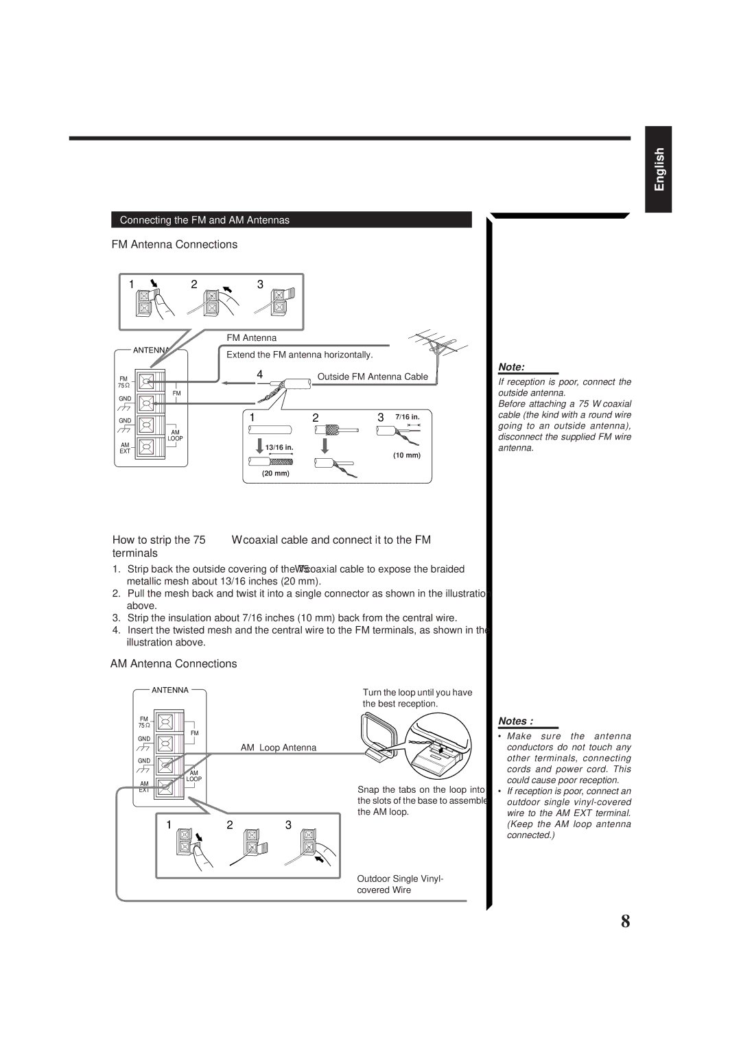 JVC RX-665VBK manual FM Antenna Connections, AM Antenna Connections, Connecting the FM and AM Antennas 