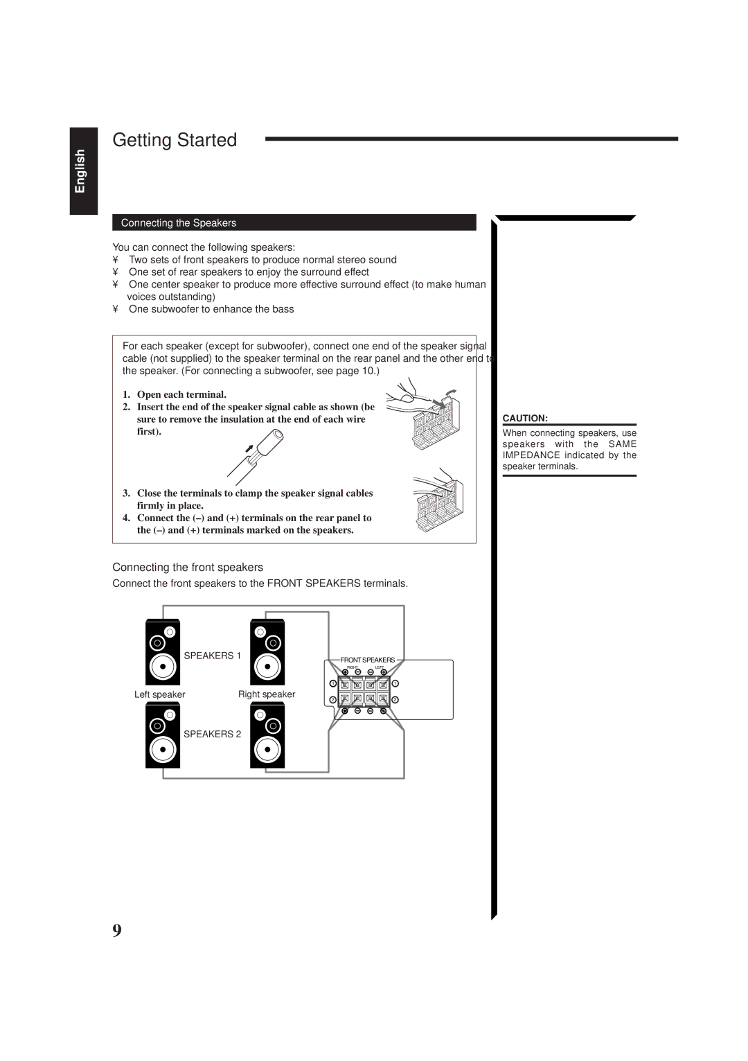 JVC RX-665VBK manual Getting Started, Connecting the front speakers, Connecting the Speakers 