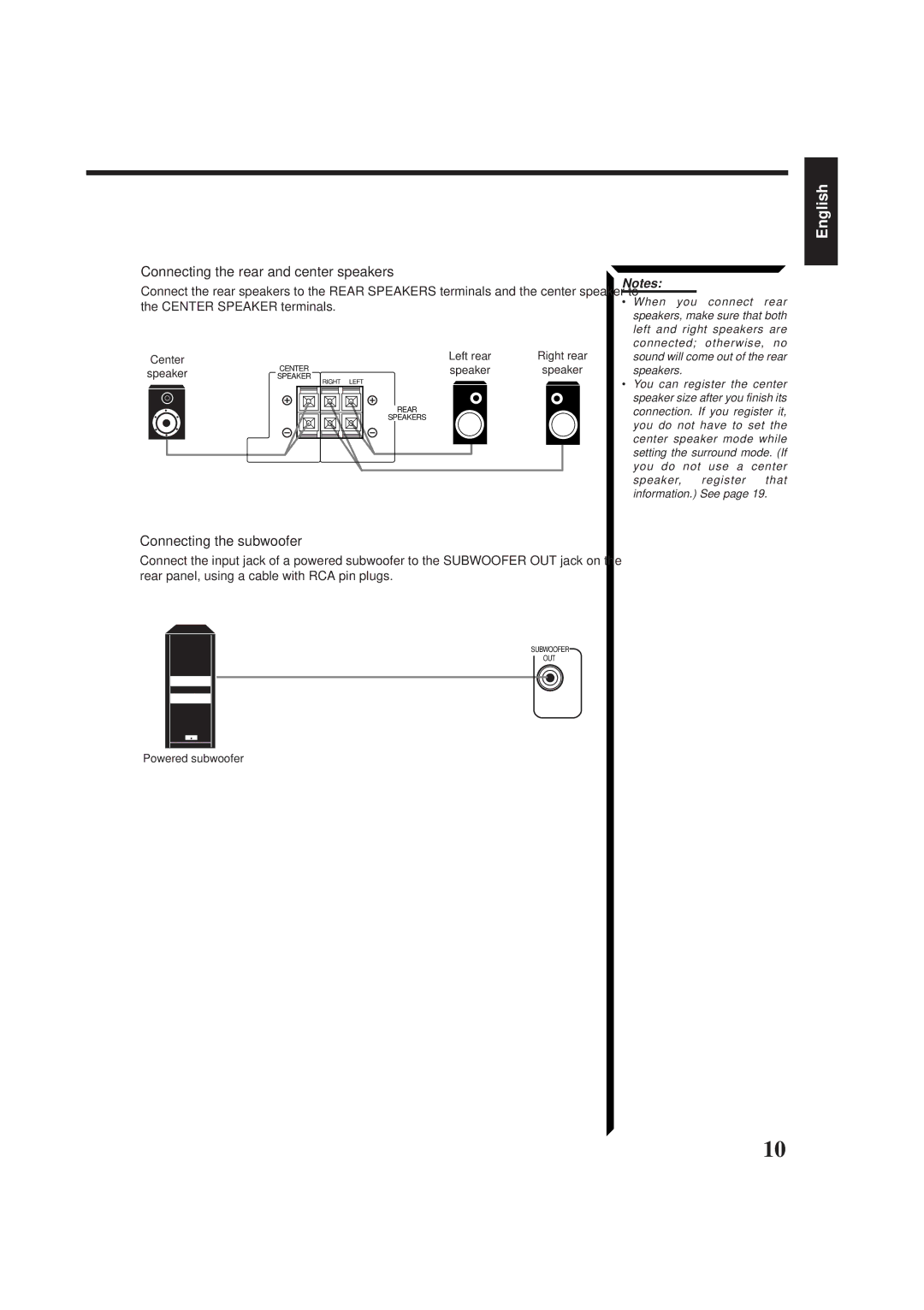 JVC RX-665VBK manual Connecting the rear and center speakers, Connecting the subwoofer 