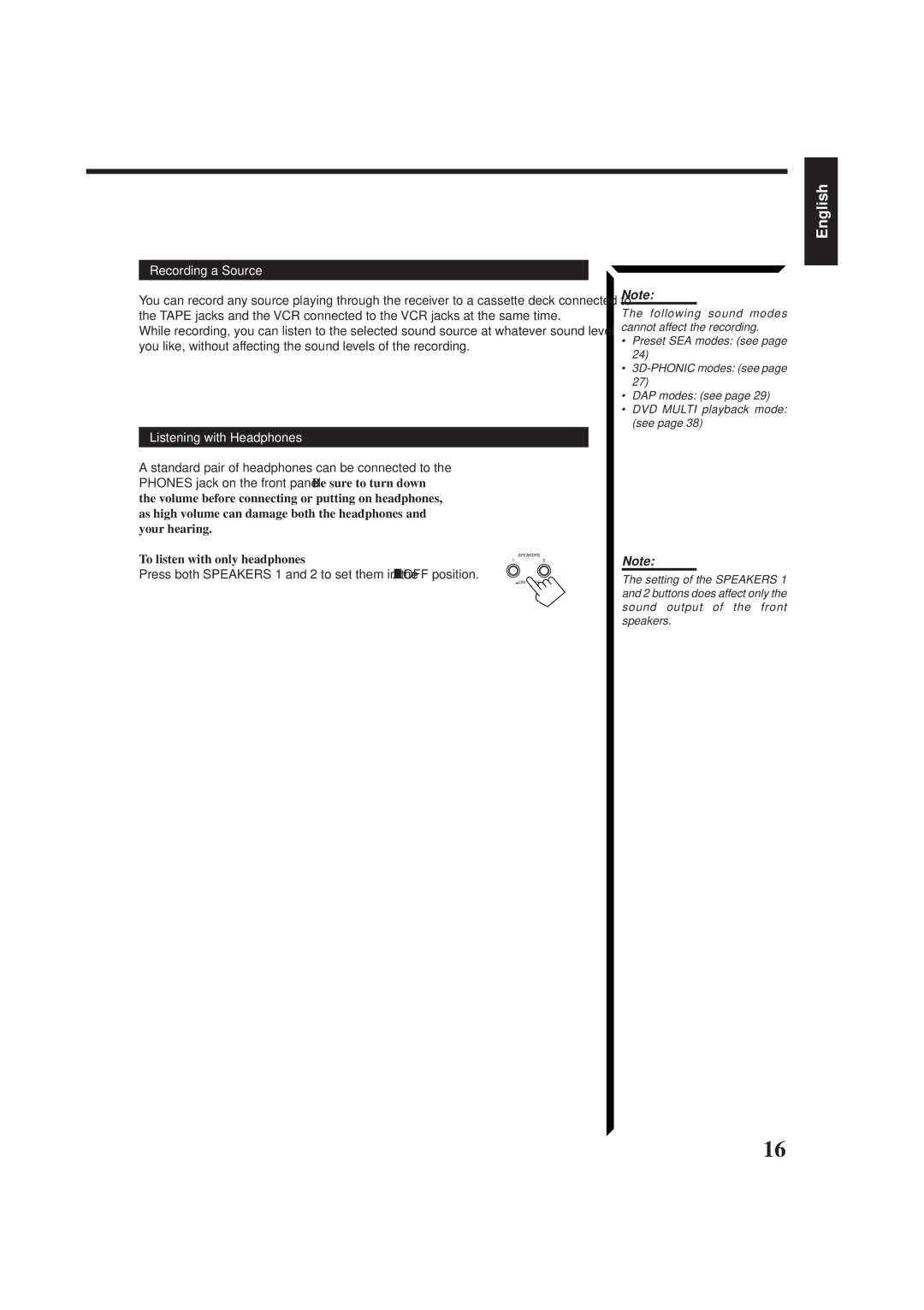 JVC RX-665VBK manual Recording a Source, Listening with Headphones, To listen with only headphones 