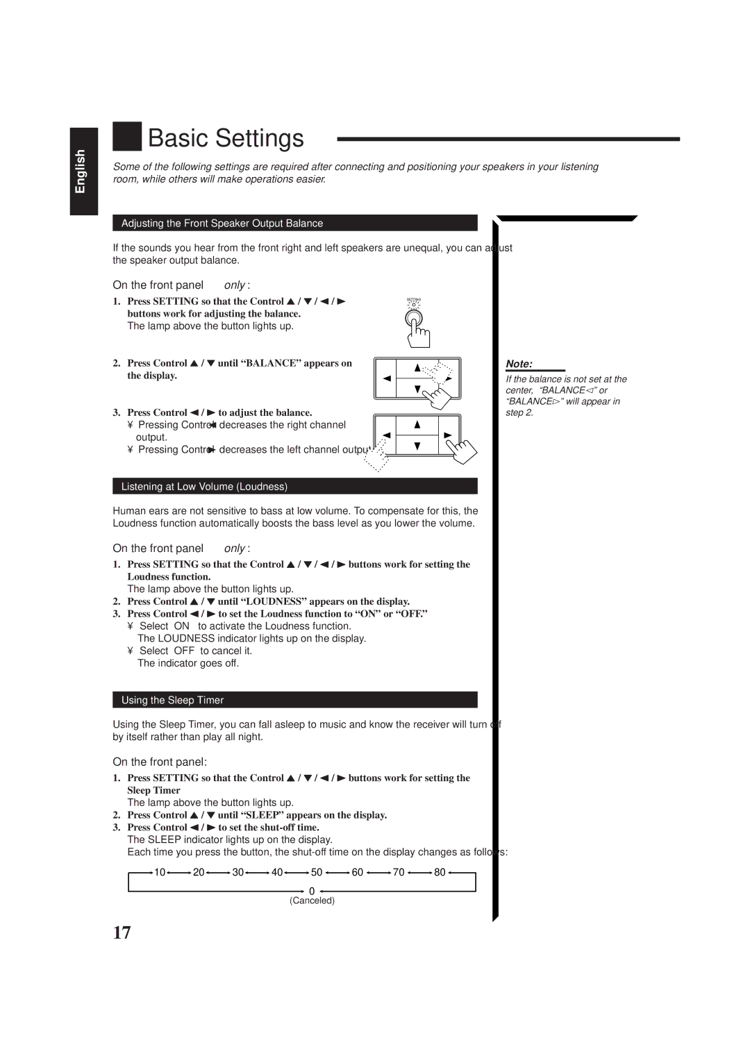 JVC RX-665VBK manual Basic Settings, Adjusting the Front Speaker Output Balance, Listening at Low Volume Loudness 