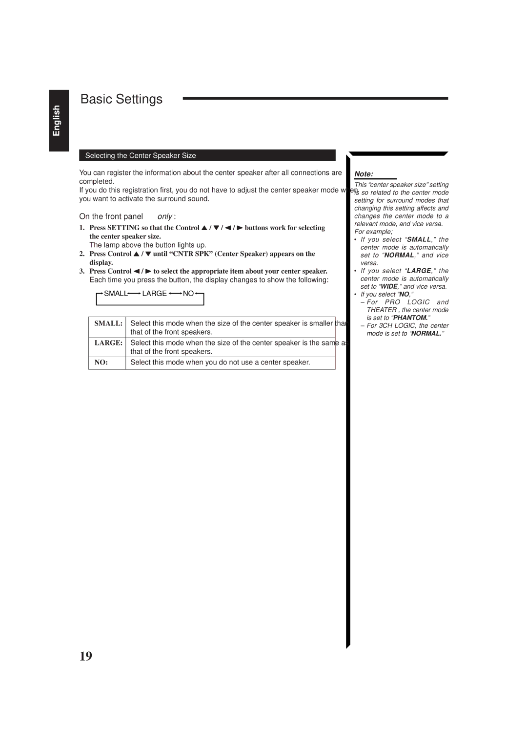 JVC RX-665VBK manual Basic Settings, Selecting the Center Speaker Size, Small, Large 