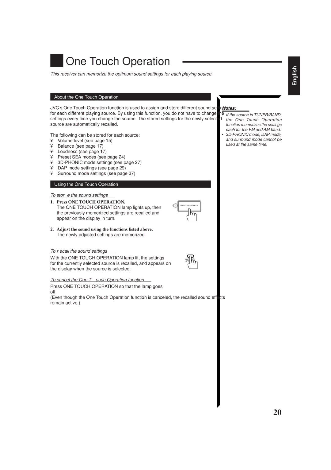 JVC RX-665VBK manual One Touch Operation, To store the sound settings, To recall the sound settings 