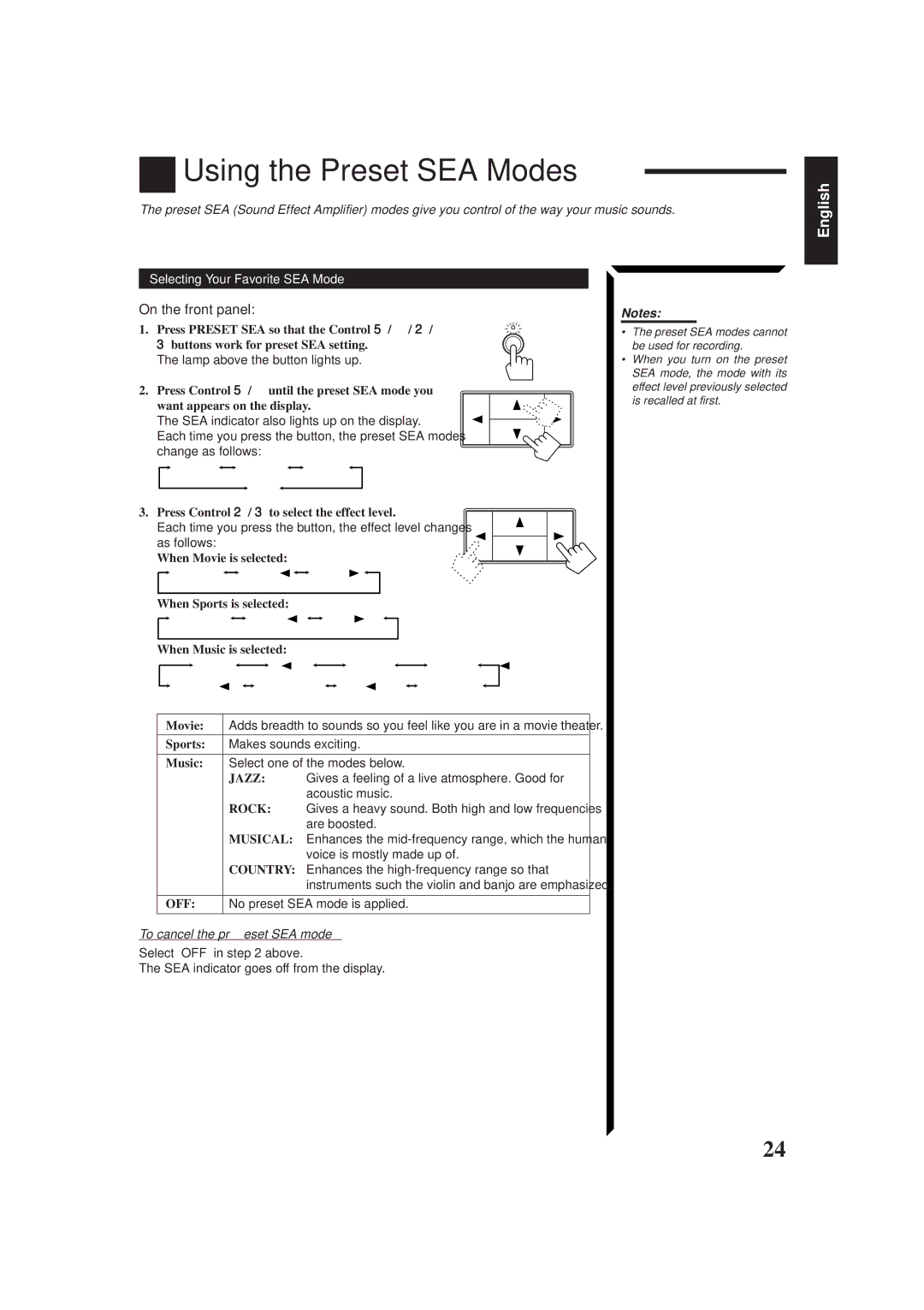 JVC RX-665VBK manual Using the Preset SEA Modes, Selecting Your Favorite SEA Mode, To cancel the preset SEA mode 