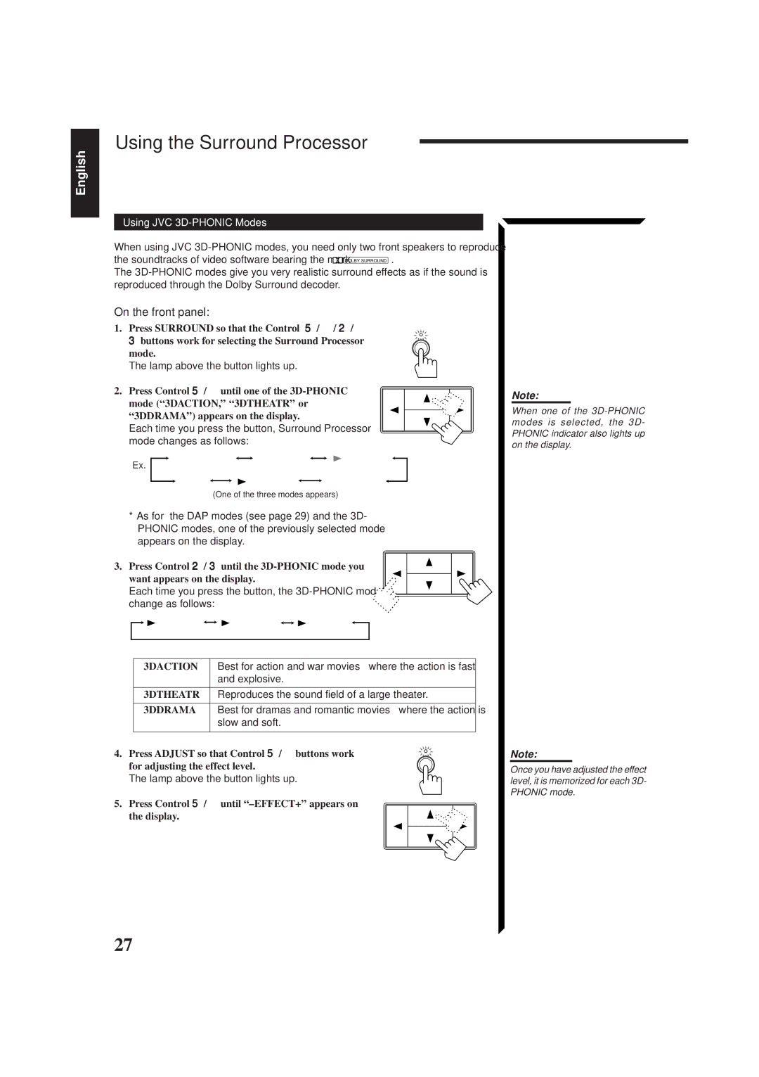 JVC RX-665VBK manual Using the Surround Processor, Using JVC 3D-PHONIC Modes, 3DACTION, 3DTHEATR, 3DDRAMA 