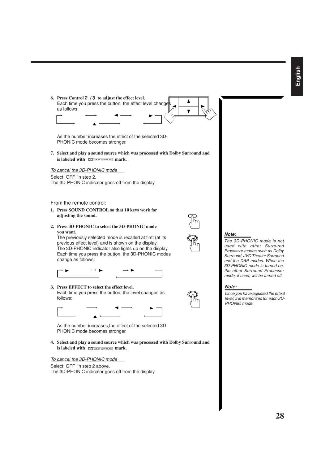 JVC RX-665VBK manual Press Control 2/ 3to adjust the effect level, Mark, To cancel the 3D-PHONIC mode 