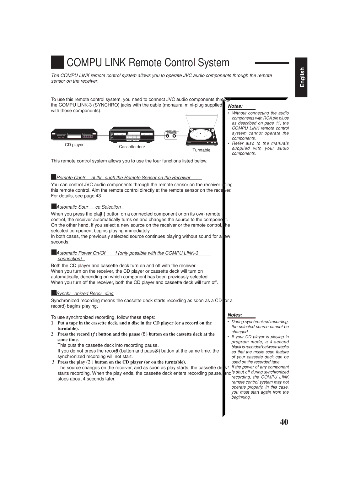 JVC RX-665VBK manual Compu Link Remote Control System, Remote Control through the Remote Sensor on the Receiver 