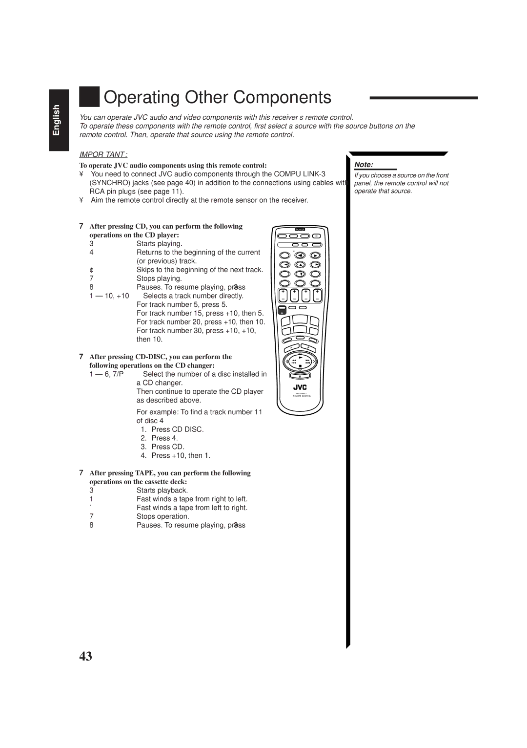 JVC RX-665VBK manual Operating Other Components, To operate JVC audio components using this remote control, Starts playing 