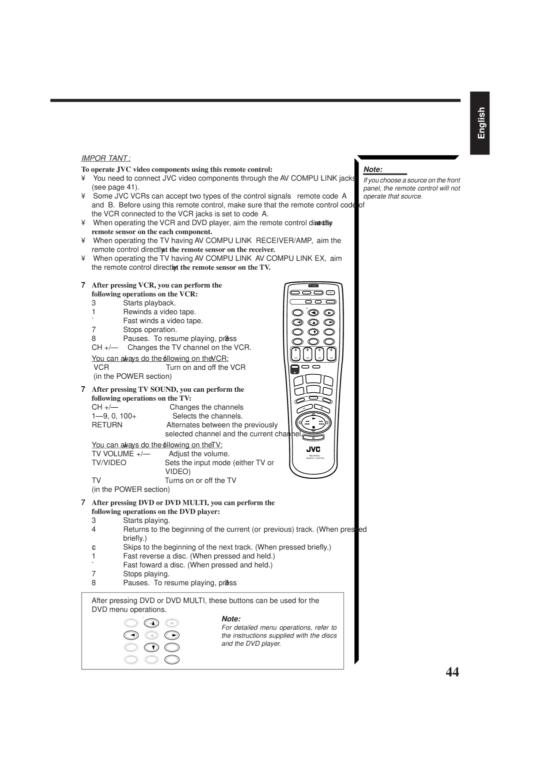 JVC RX-665VBK manual To operate JVC video components using this remote control, After pressing VCR, you can perform 