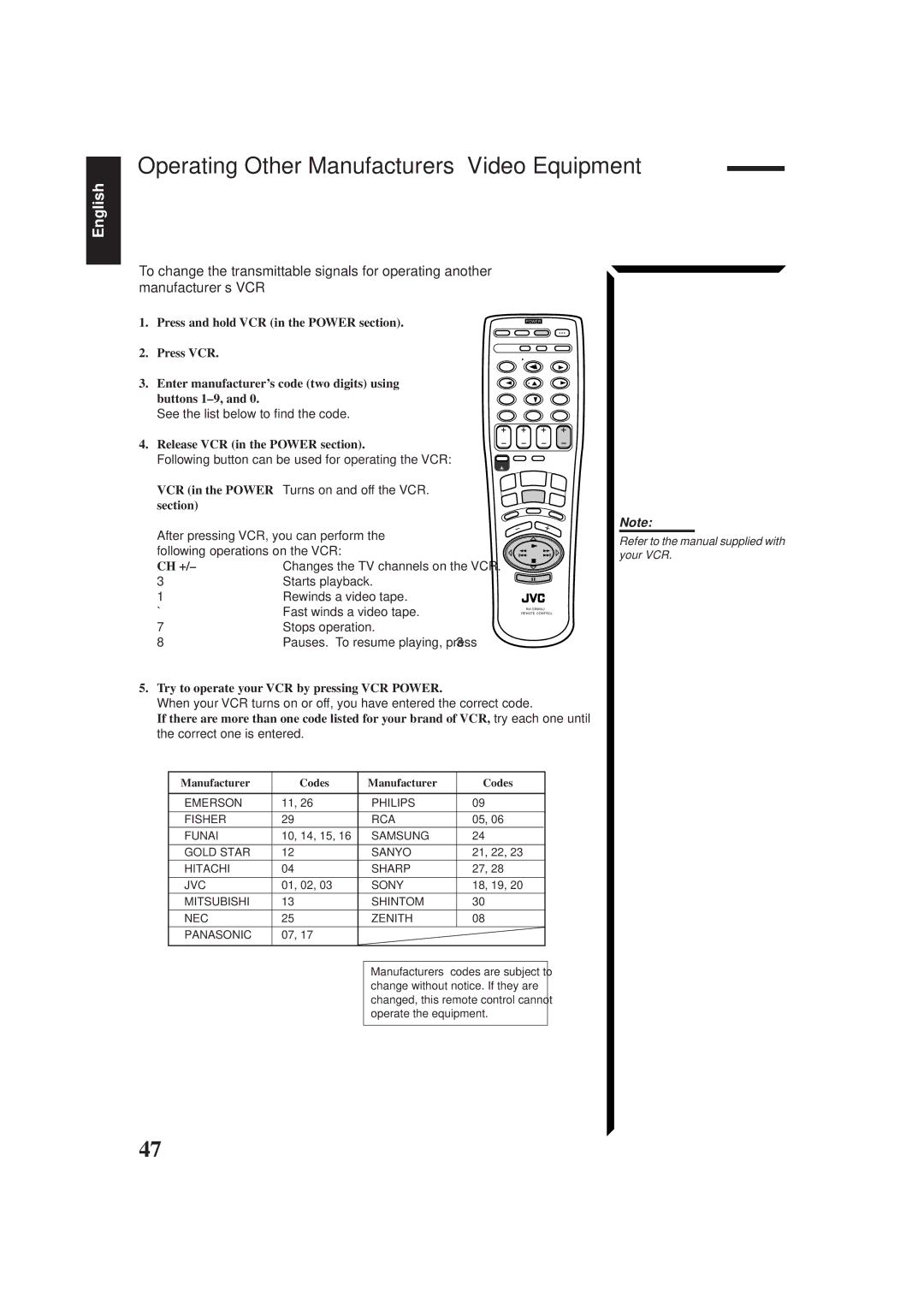 JVC RX-665VBK manual Operating Other Manufacturers’ Video Equipment, Press and hold VCR in the Power section, Press VCR 