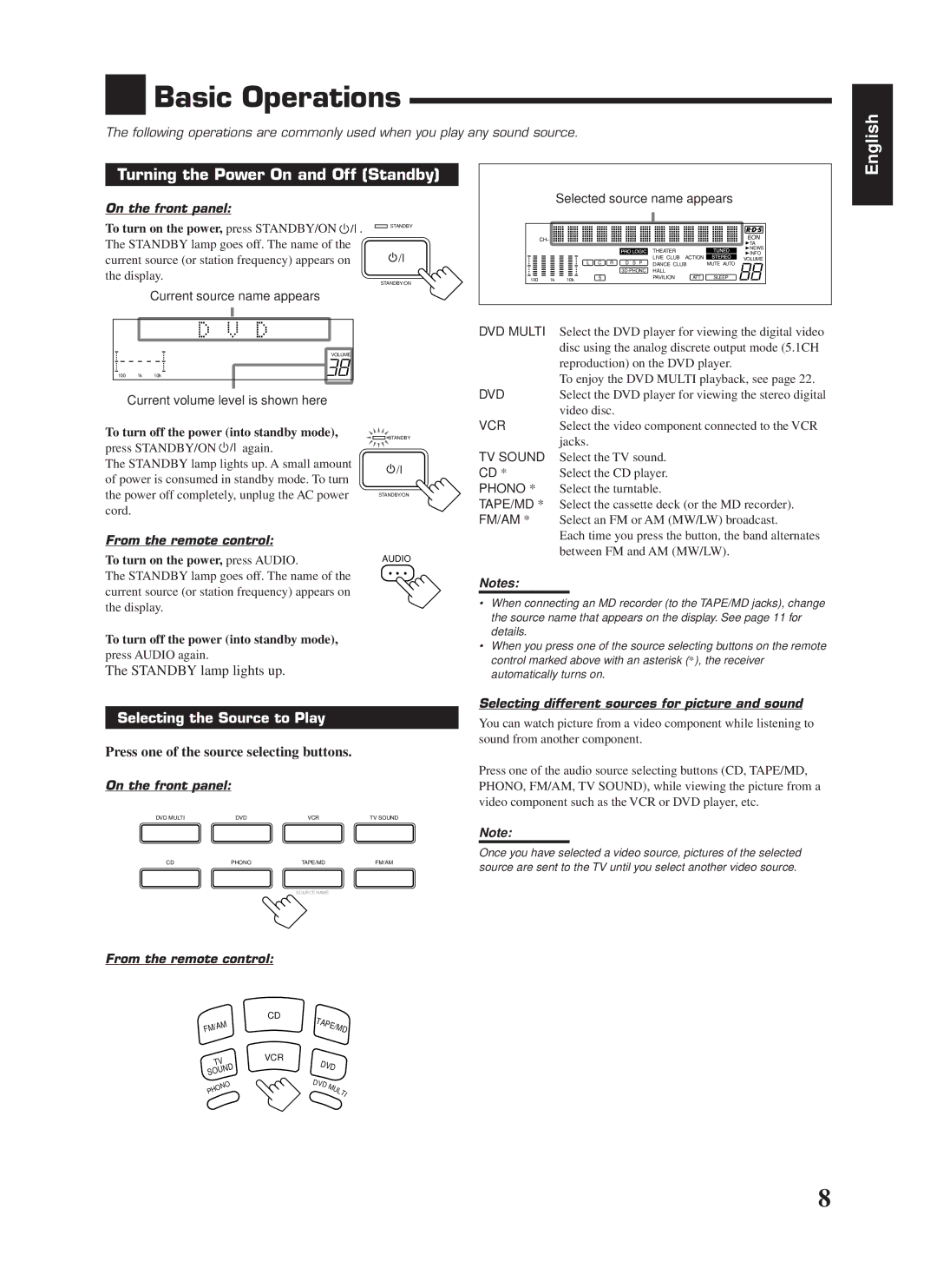 JVC RX-668RBK manual Basic Operations, Turning the Power On and Off Standby, On the front panel, From the remote control 