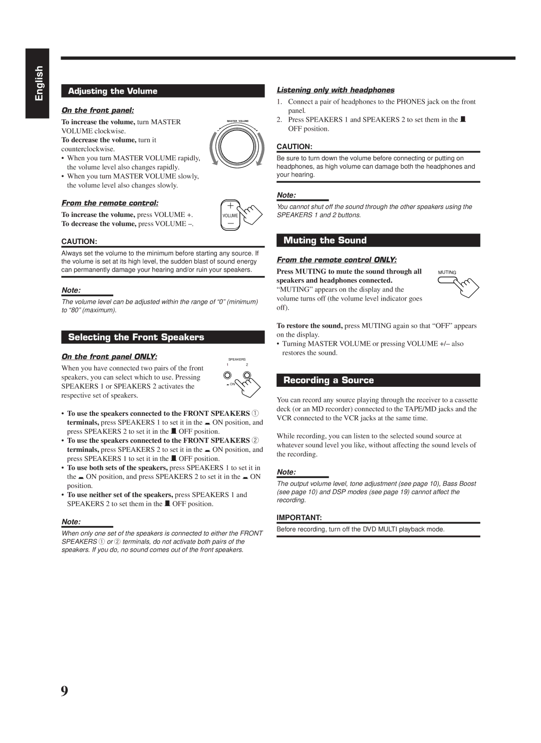 JVC RX-668RBK manual Selecting the Front Speakers, Muting the Sound, Recording a Source 