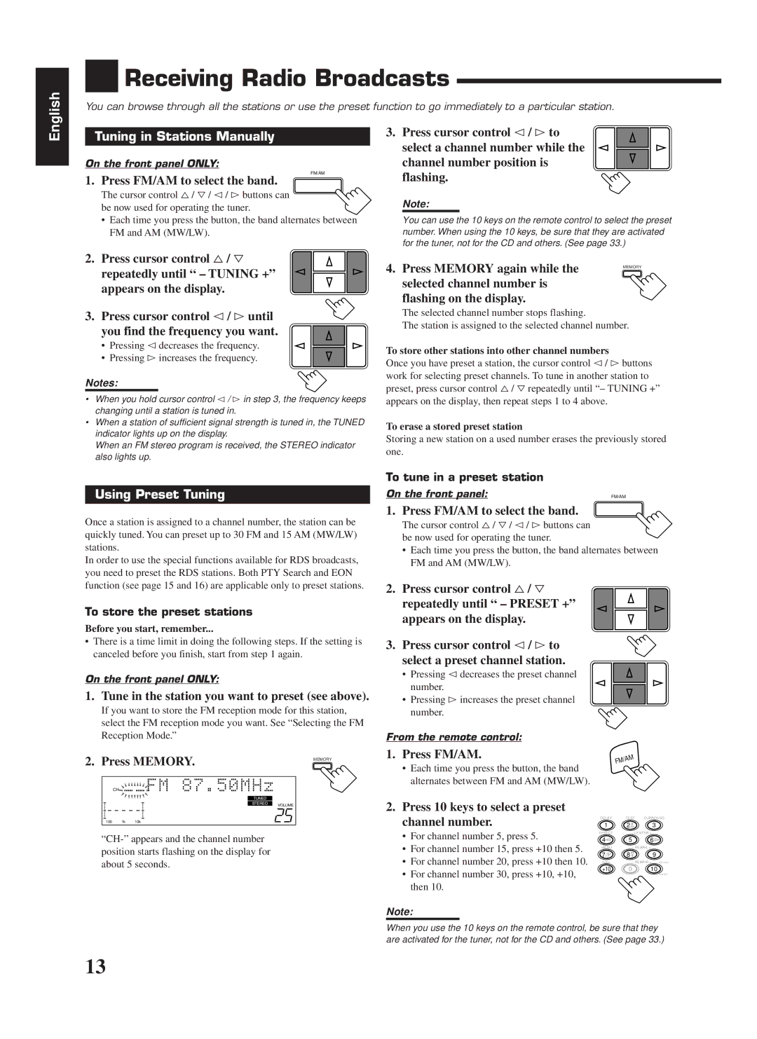 JVC RX-668RBK manual Receiving Radio Broadcasts, Tuning in Stations Manually, Using Preset Tuning 