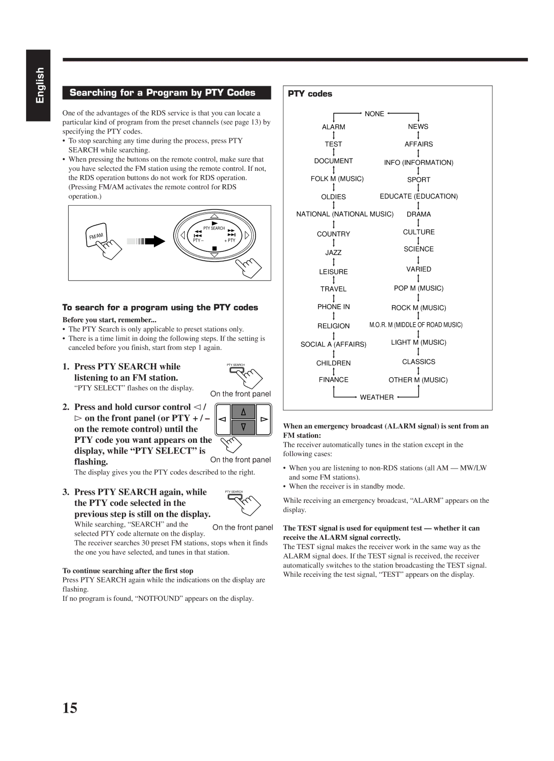 JVC RX-668RBK manual Searching for a Program by PTY Codes, Press PTY Search while, Listening to an FM station, PTY codes 