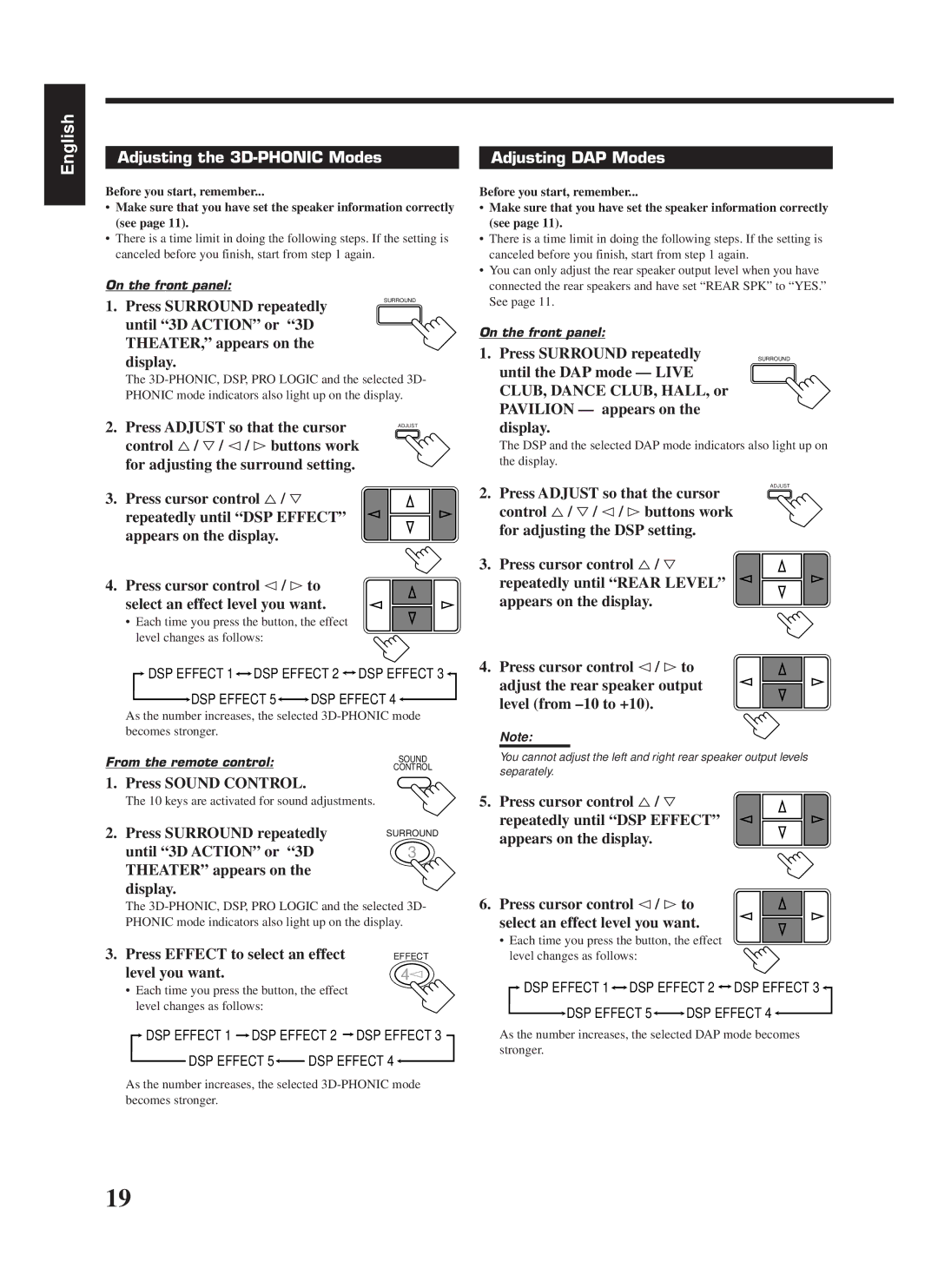 JVC RX-668RBK manual Adjusting the 3D-PHONIC Modes, Adjusting DAP Modes 