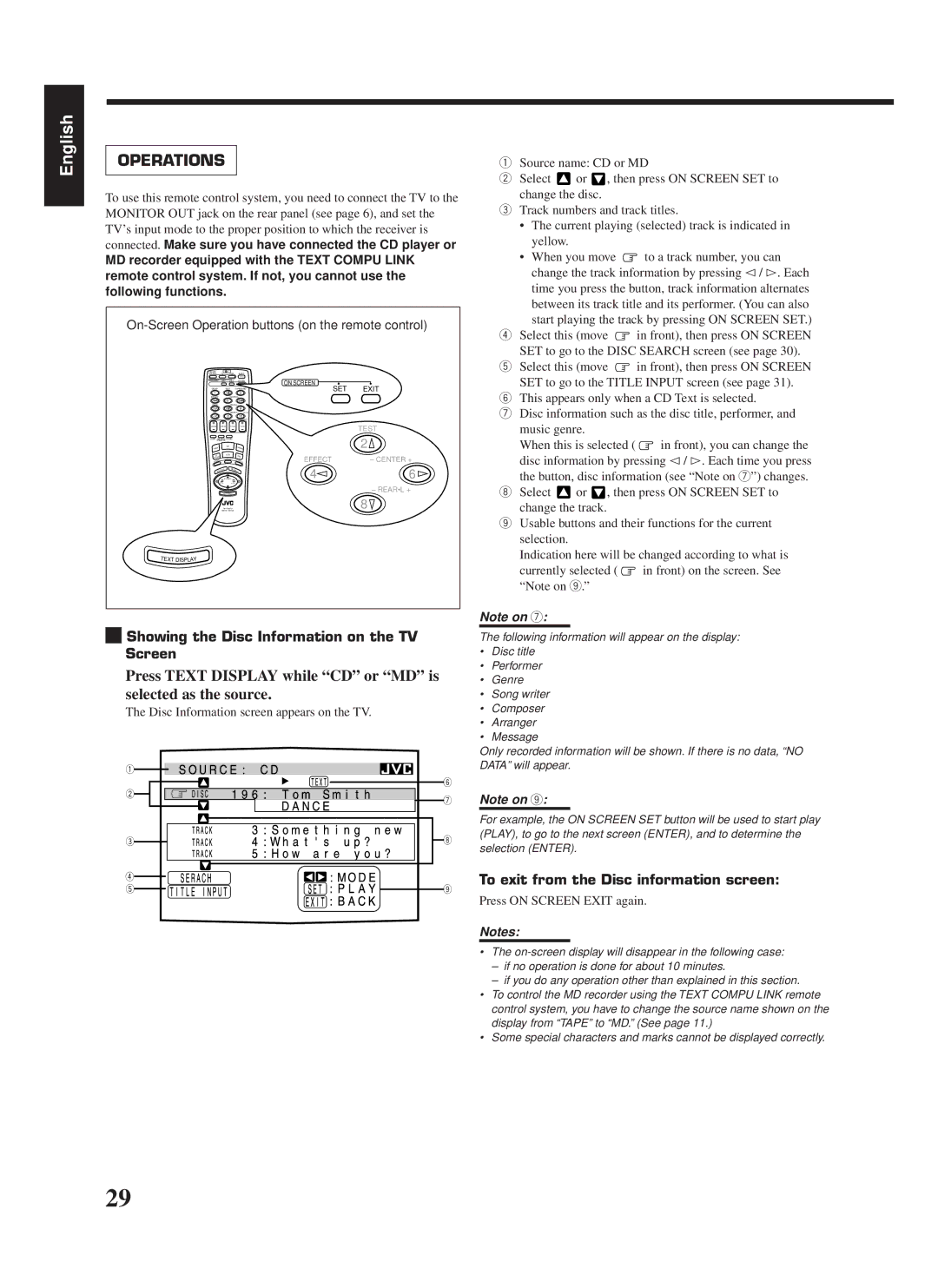 JVC RX-668RBK Press Text Display while CD or MD is selected as the source, Showing the Disc Information on the TV Screen 