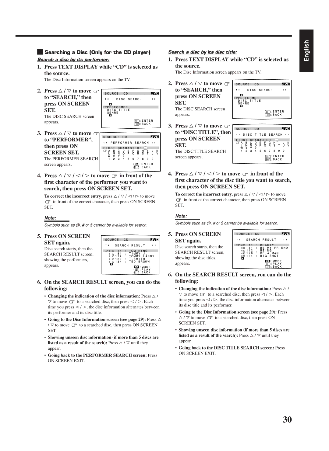 JVC RX-668RBK Press Text Display while CD is selected as the source, Press %/ Þto move to SEARCH, then Press on Screen SET 