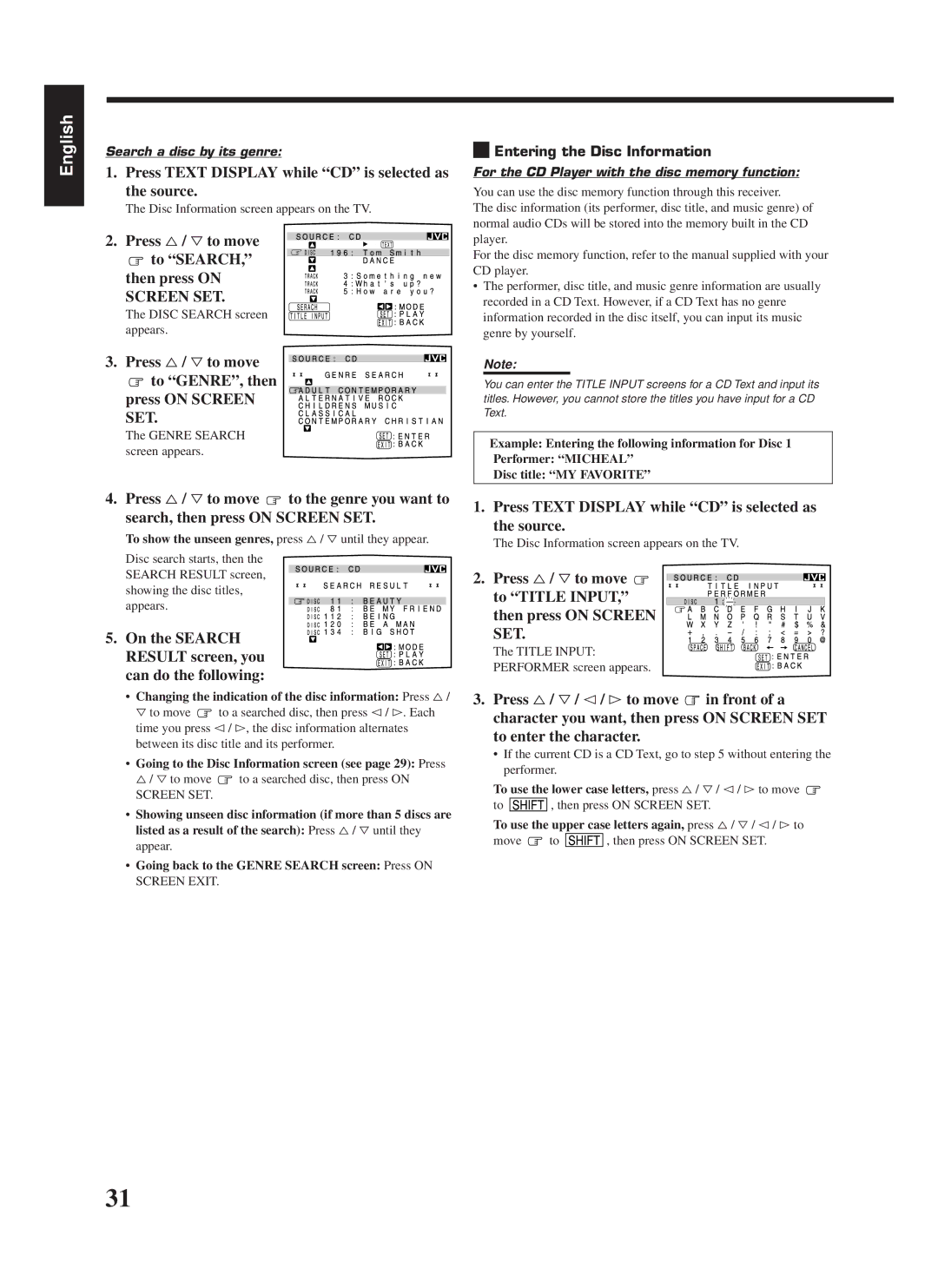 JVC RX-668RBK manual Press %/ Þto move To Search Then press on, Press %/ Þto move To GENRE, then Press on Screen 