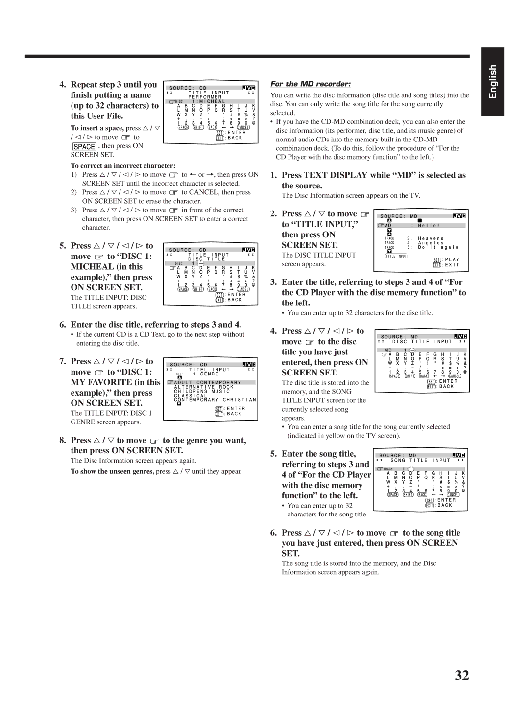 JVC RX-668RBK manual Up to 32 characters to this User File, Enter the disc title, referring to steps 3, For the MD recorder 