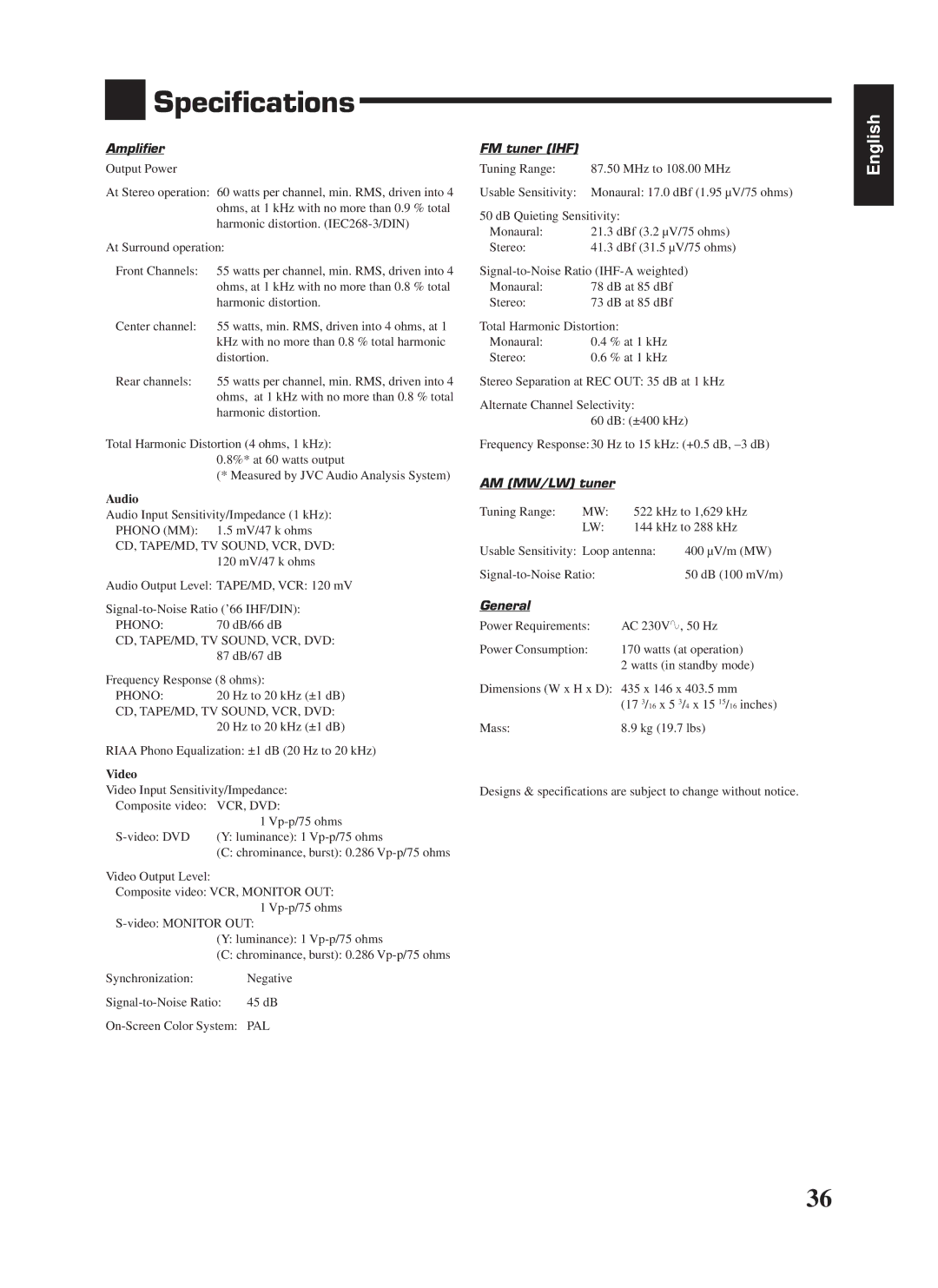 JVC RX-668RBK manual Specifications, Amplifier, FM tuner IHF, AM MW/LW tuner, General 