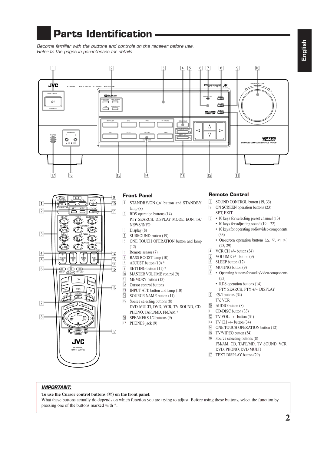 JVC RX-668RBK Parts Identification, Front Panel, Remote Control, To use the Cursor control buttons w on the front panel 