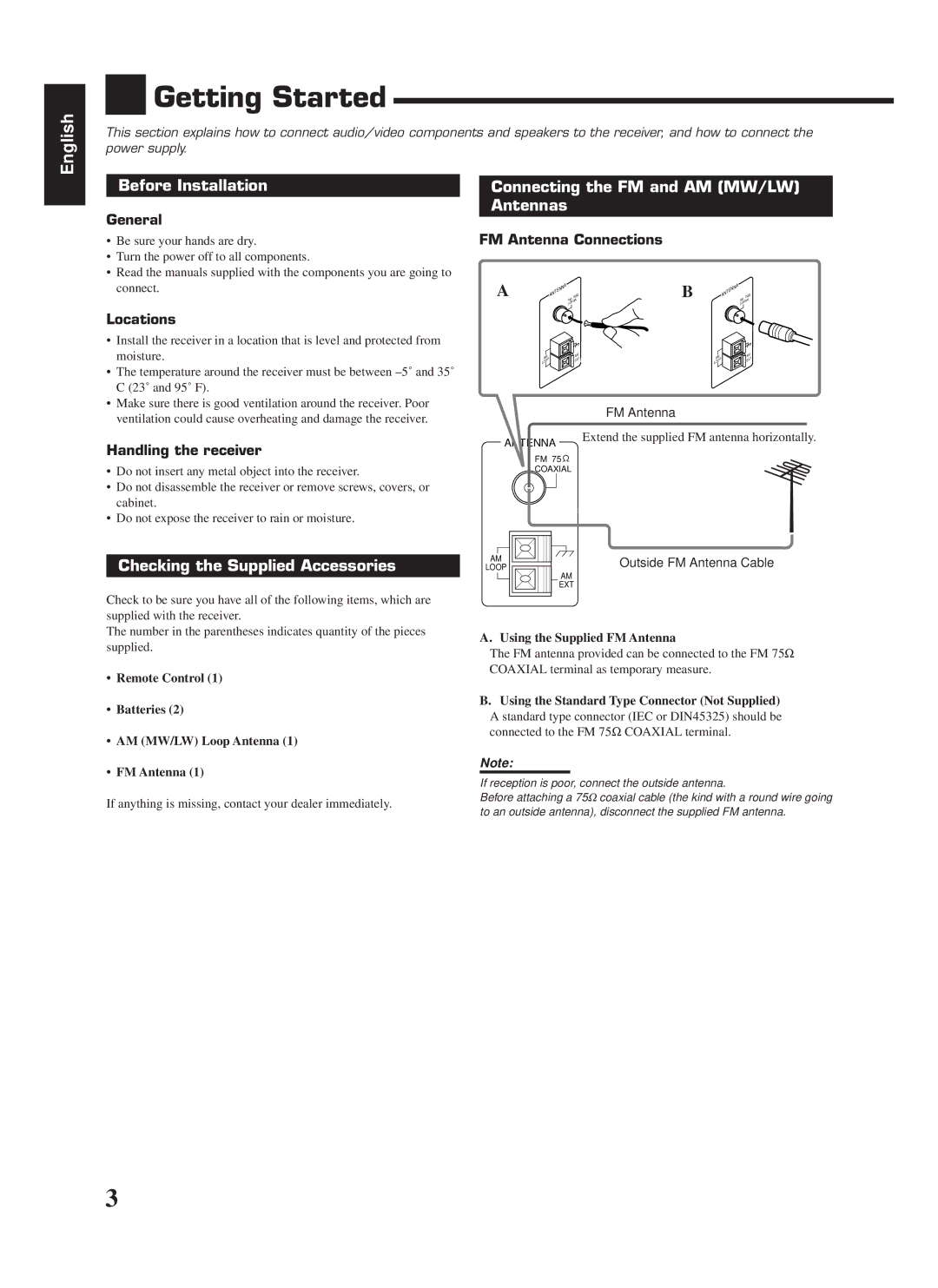 JVC RX-668RBK manual Getting Started, Before Installation, Connecting the FM and AM MW/LW Antennas 