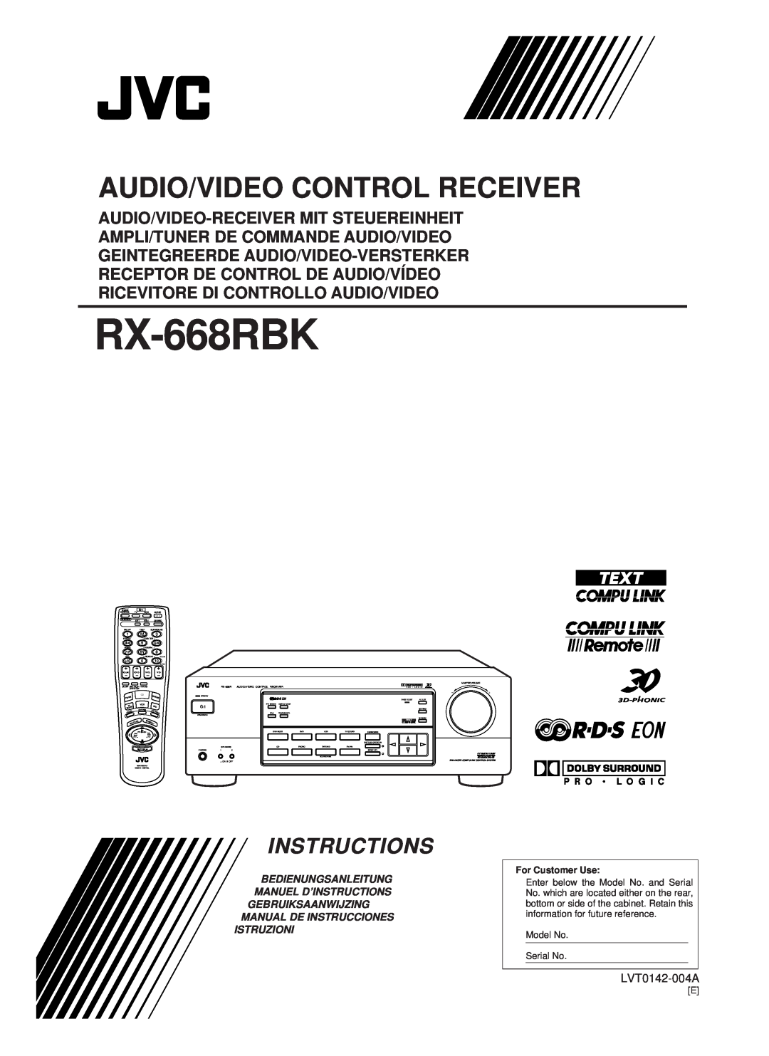JVC RX-668RBK manual Audio/Video Control Receiver, Instructions, LVT0142-004A, For Customer Use 