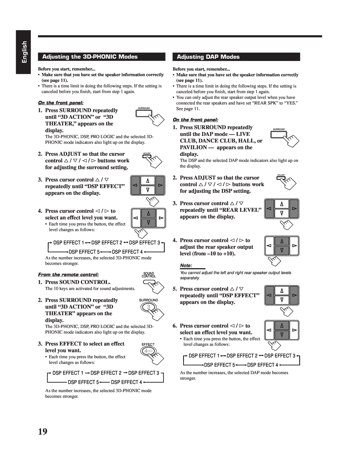 JVC RX-668RBK manual Adjusting the 3D-PHONICModes, Adjusting DAP Modes, English 