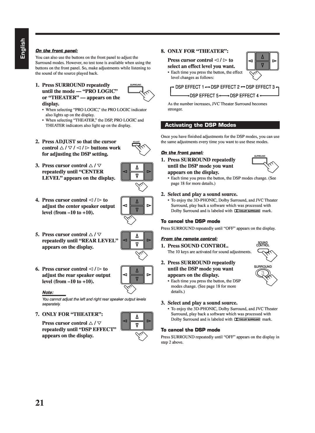 JVC RX-668RBK manual Activating the DSP Modes, English 