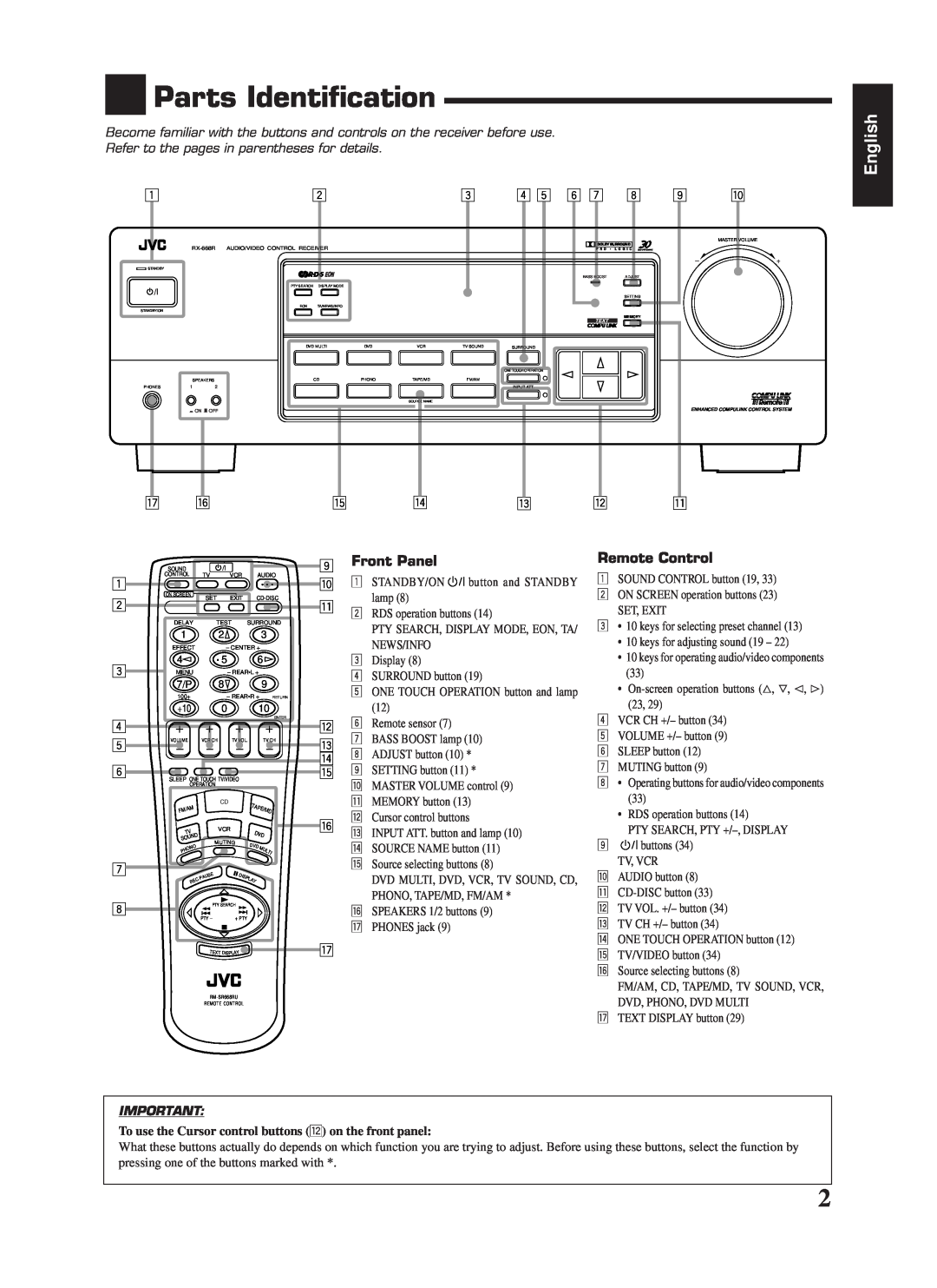JVC RX-668RBK manual Parts Identification, English, 9Front Panel, Remote Control 