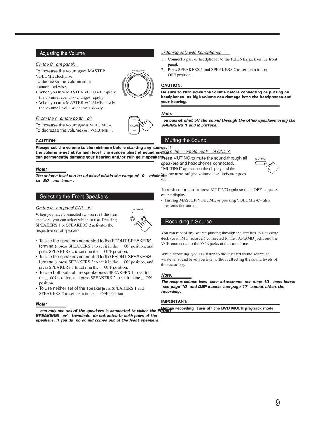 JVC RX-668VBK manual Selecting the Front Speakers, Muting the Sound, Recording a Source 