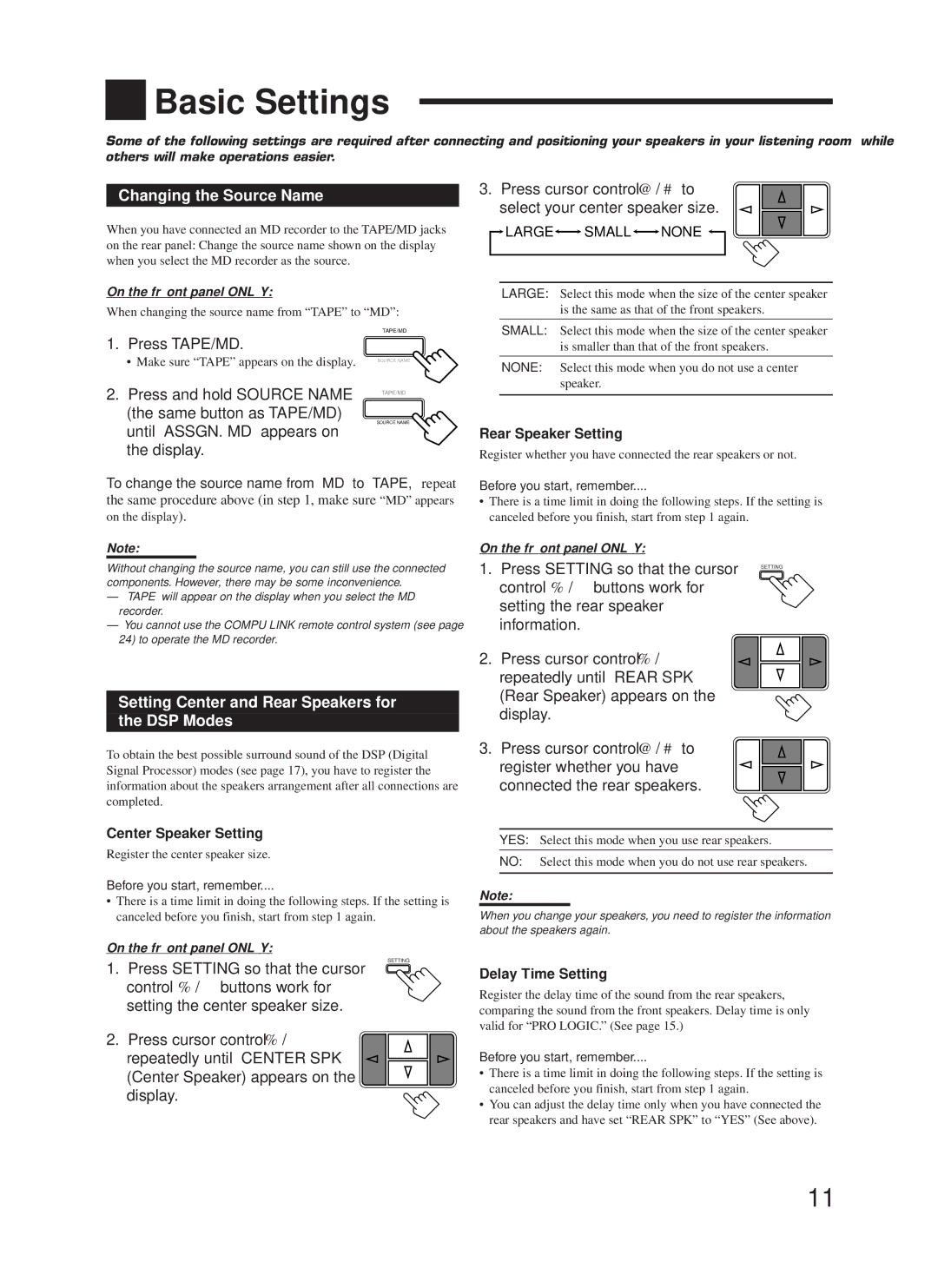 JVC RX-668VBK manual Changing the Source Name, Press TAPE/MD, Setting Center and Rear Speakers for DSP Modes 