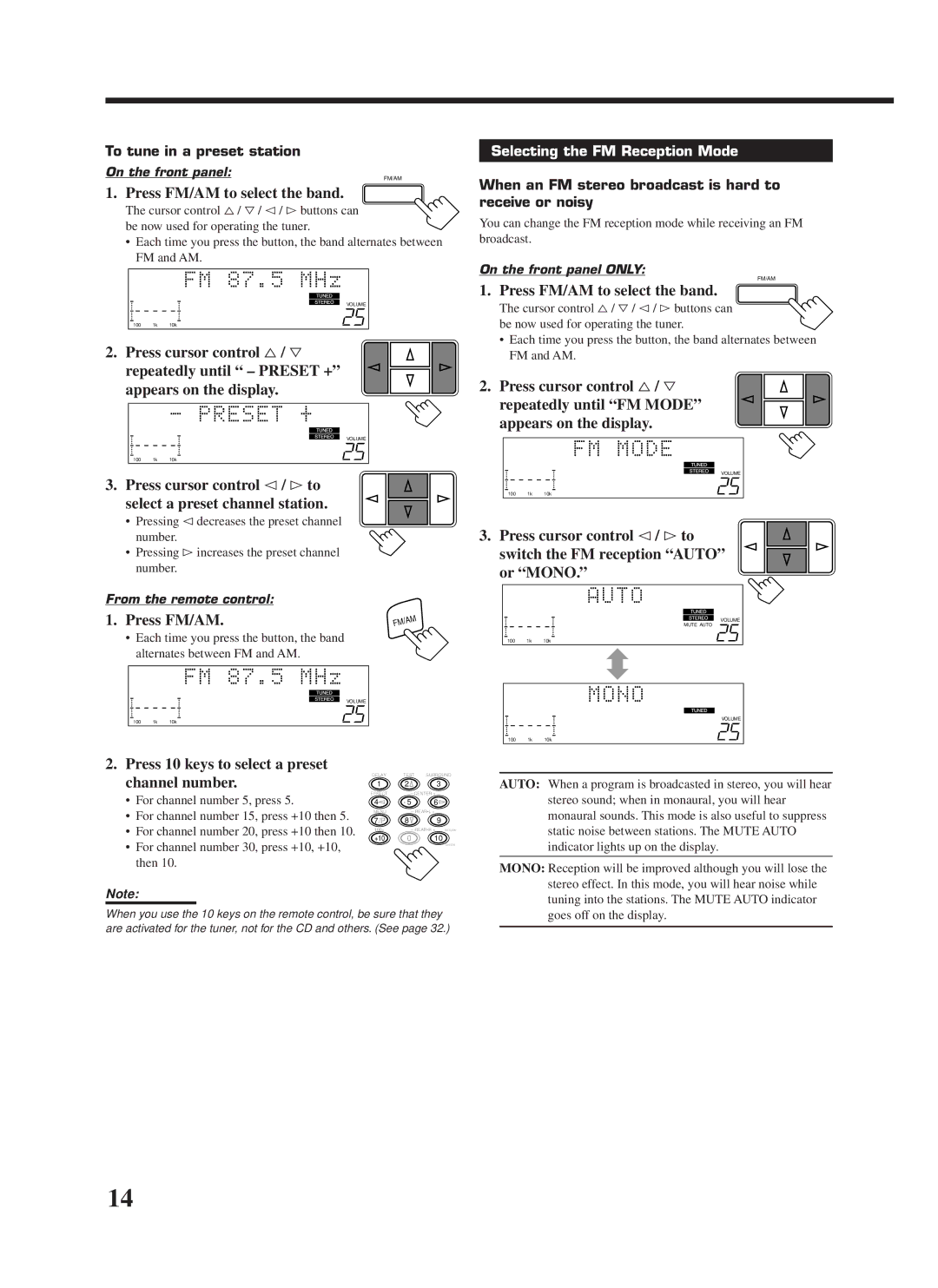 JVC RX-668VBK manual Press FM/AM, Press 10 keys to select a preset channel number, To tune in a preset station 