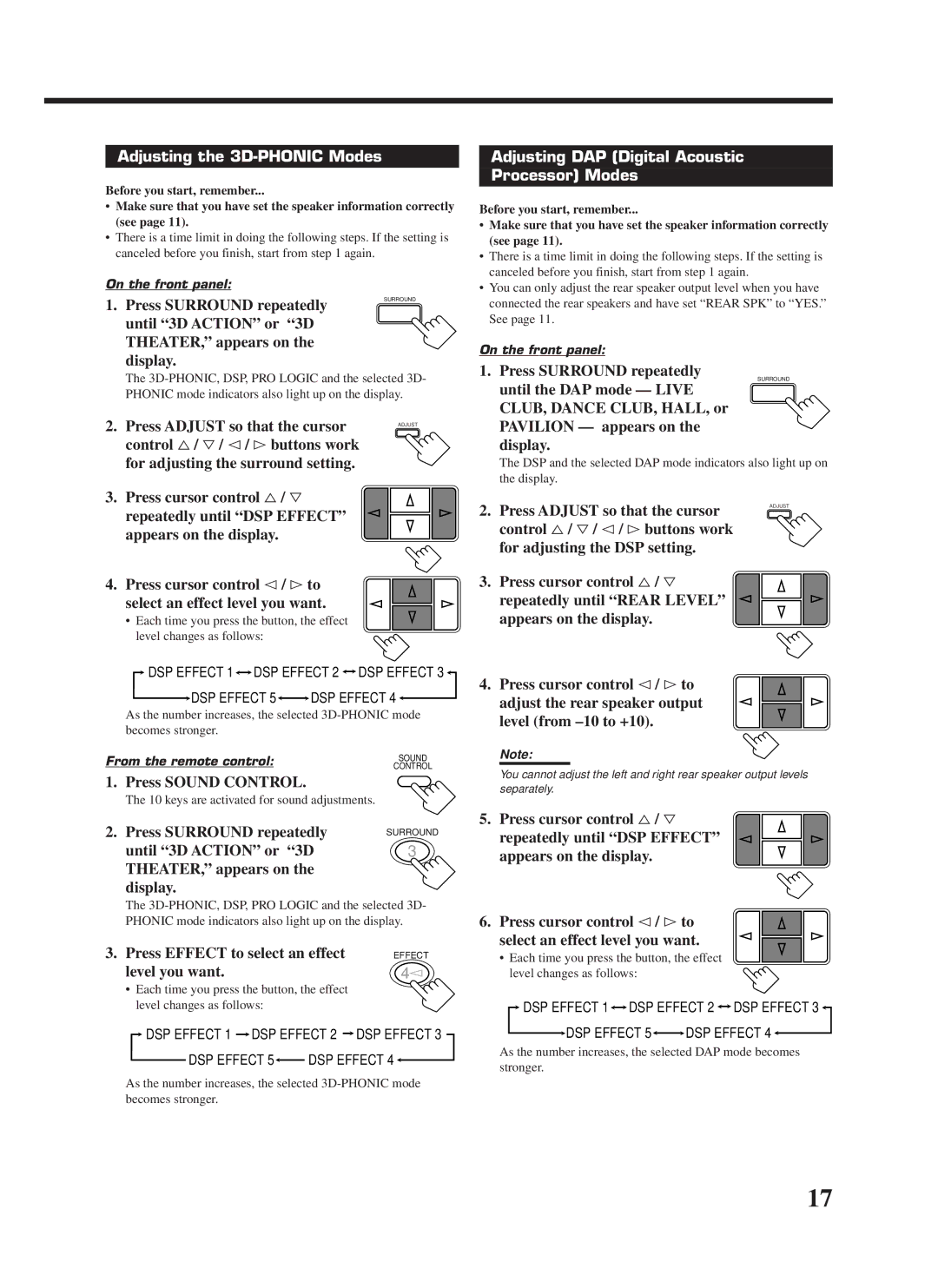 JVC RX-668VBK manual Adjusting the 3D-PHONIC Modes, Adjusting DAP Digital Acoustic Processor Modes 