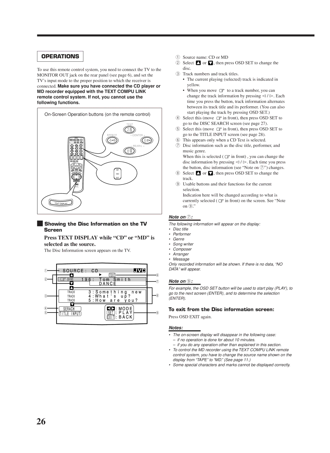 JVC RX-668VBK Press Text Display while CD or MD is selected as the source, Showing the Disc Information on the TV Screen 